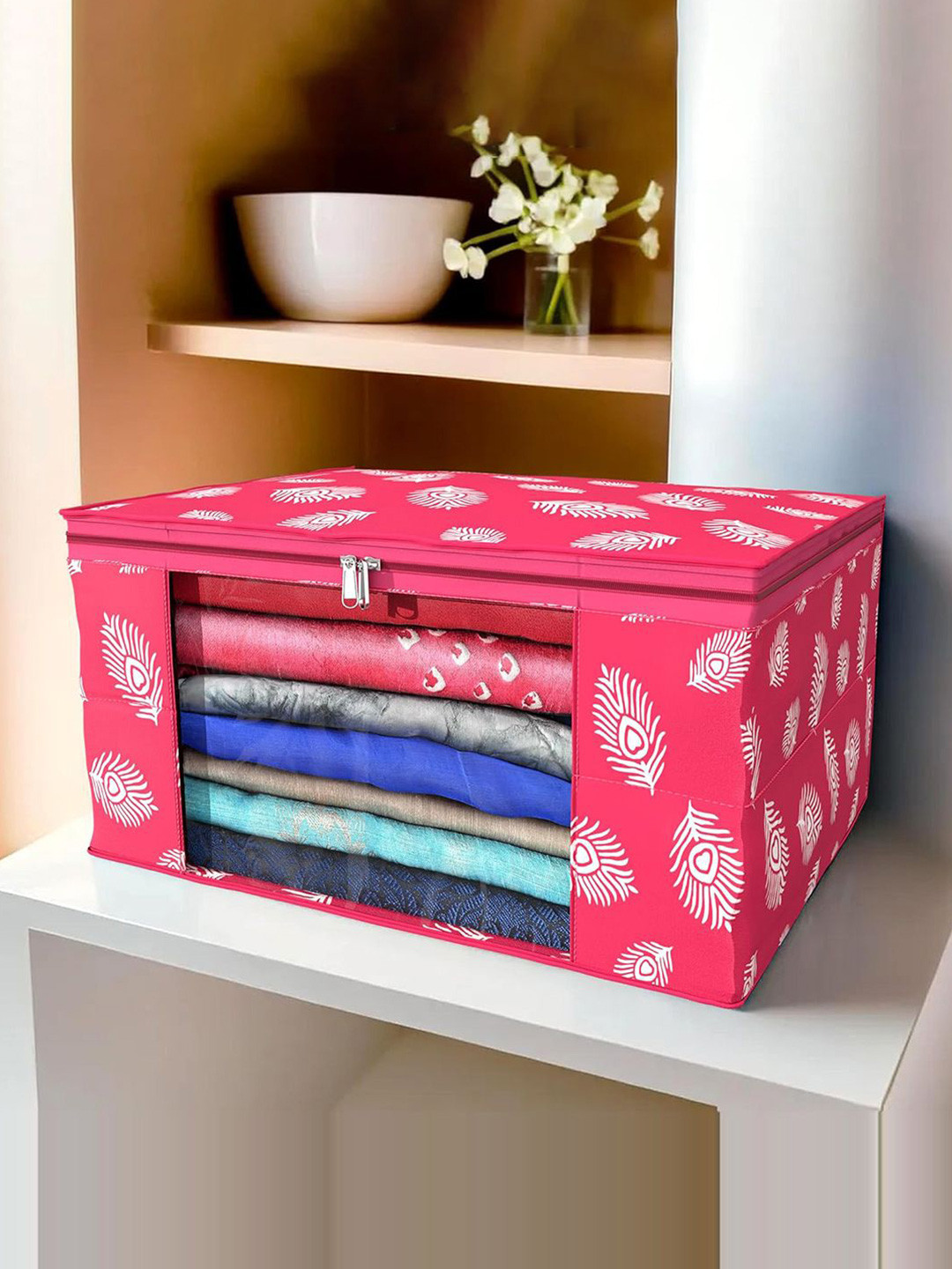 Kuber Industries Pink & White Saree Cover with Zip Closure