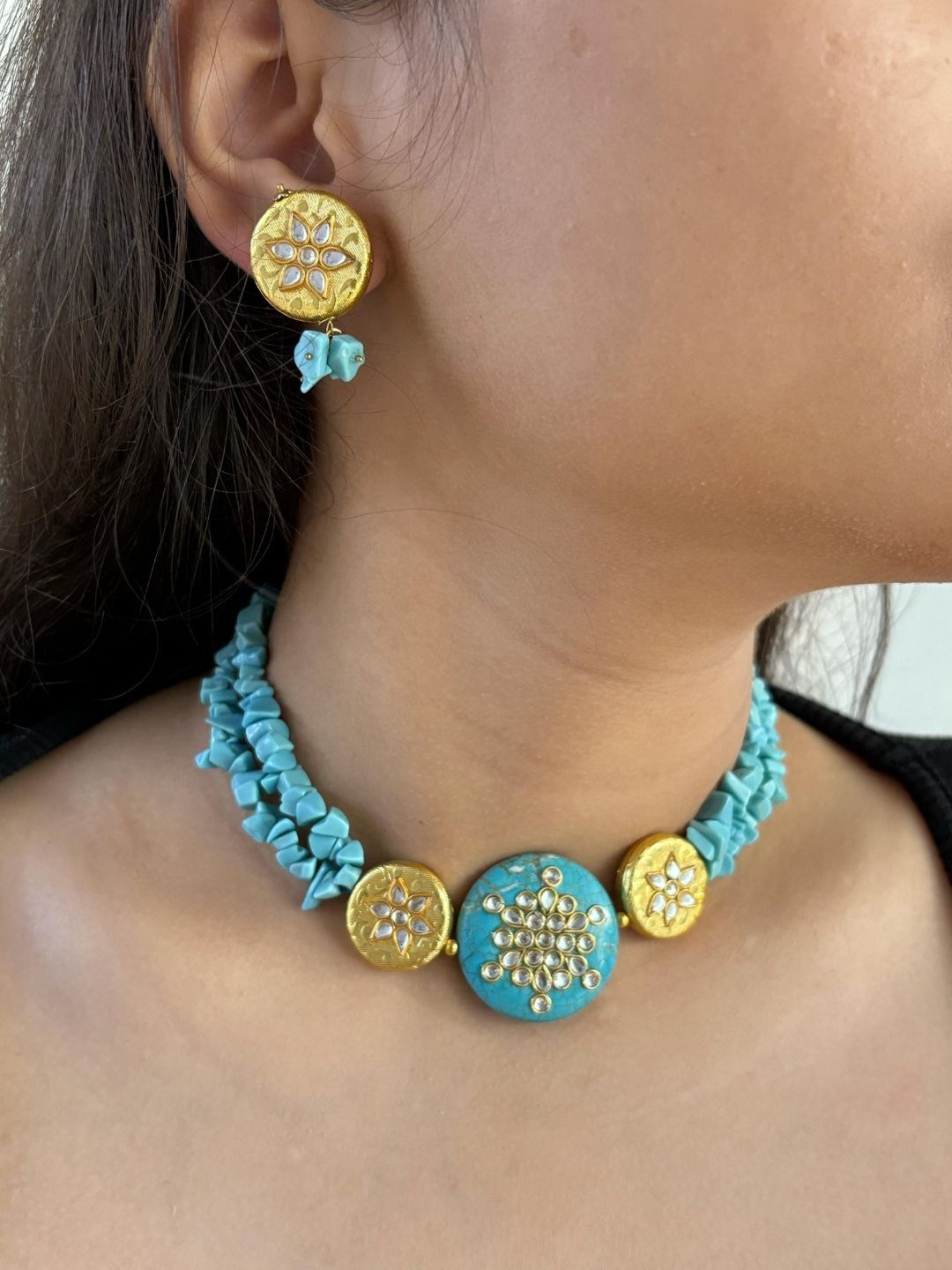 Gehna By  Beadazzled Gold-Plated Turquoise Beaded Necklace And Earrings