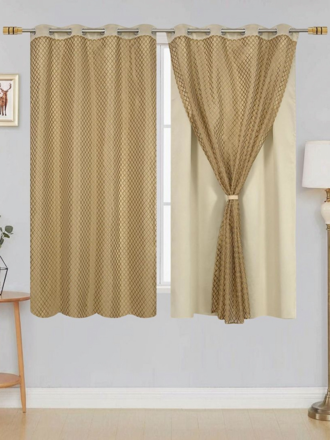 Aura Beige 2 Pieces Geometric Silk Black Out Window Curtains