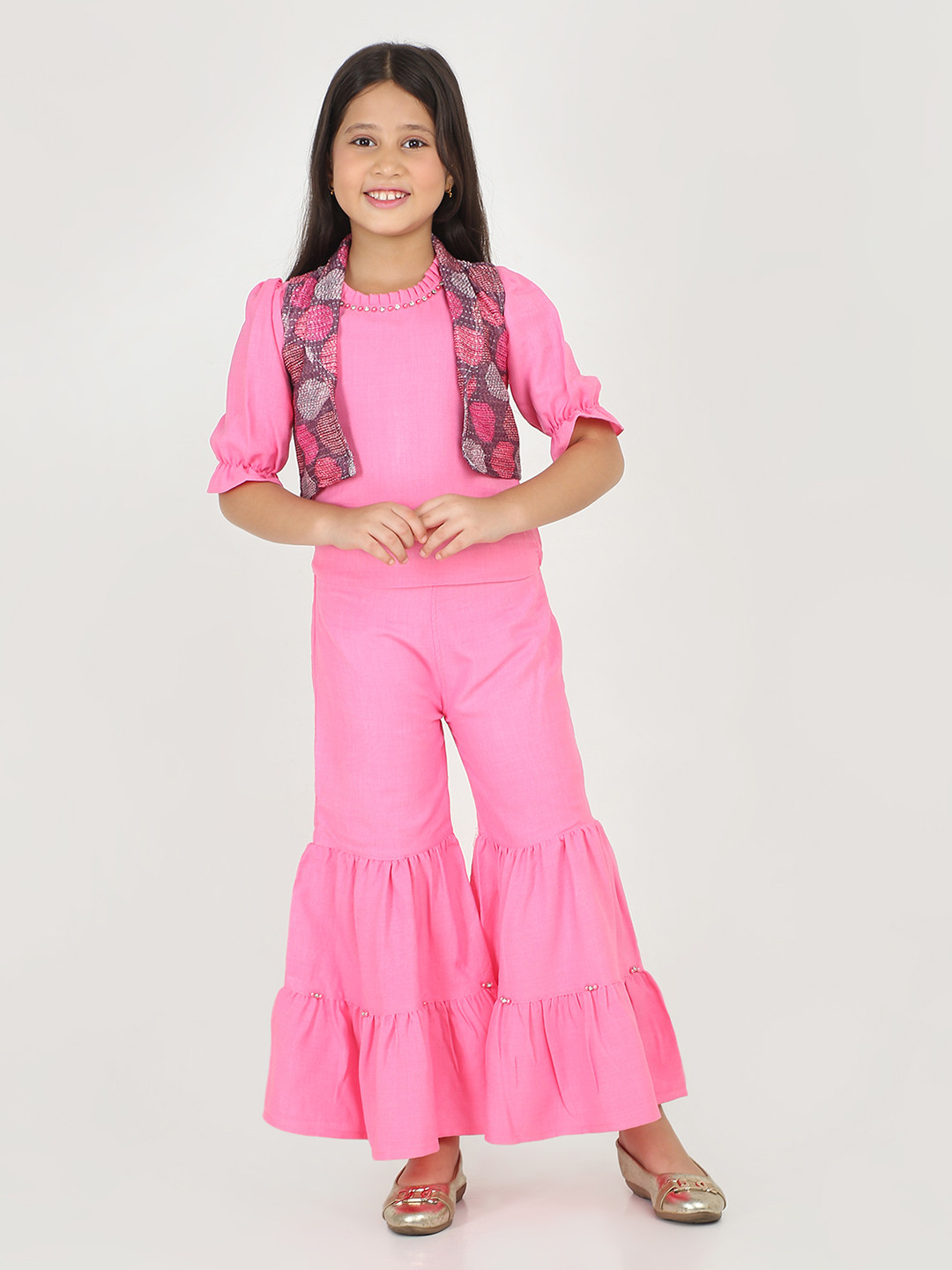Be Kids Girls Pink 3 Pcs Cotton Puff Sleeve Top With Sharara Trouser & Printed Waistcoat