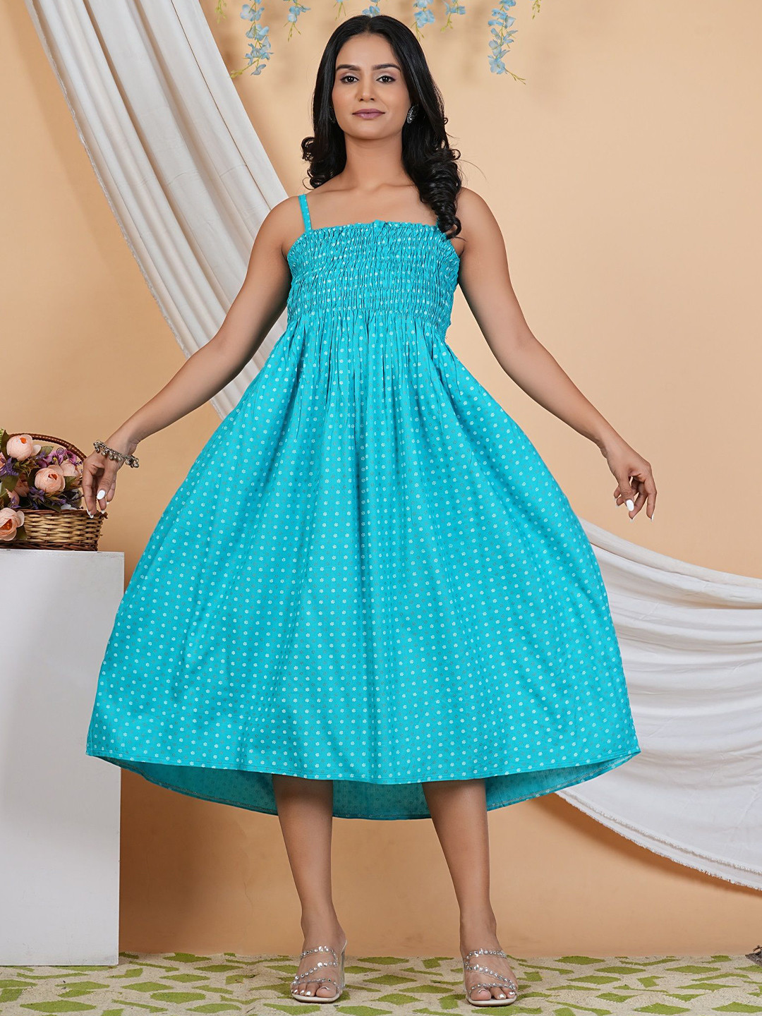 HEBA Women Ethnic Motif Printed Smocked Sleeveless Fit & Flare Midi Dress