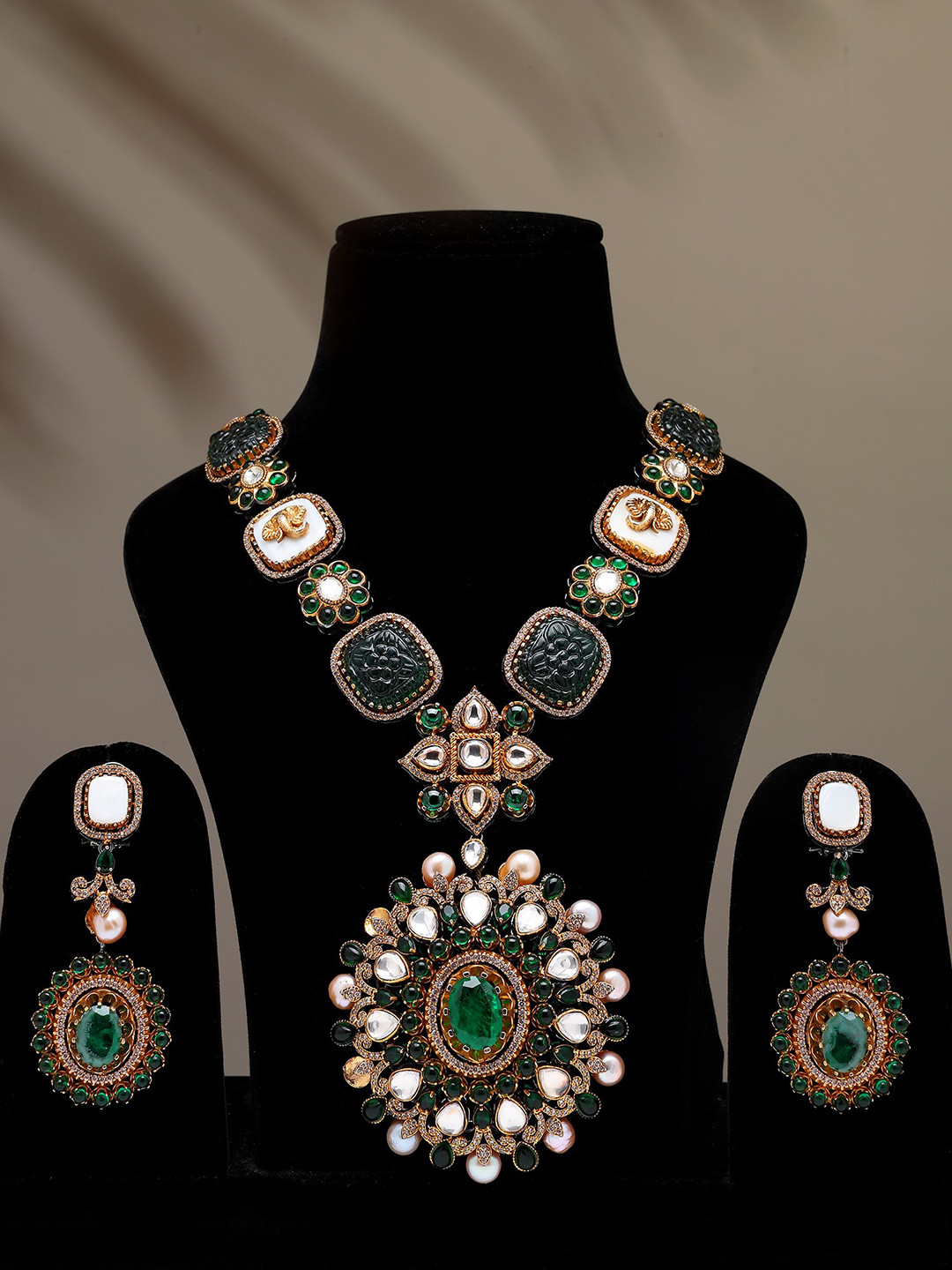Exotic India Victorian Style Stone Studded Long Necklace & Earring Set