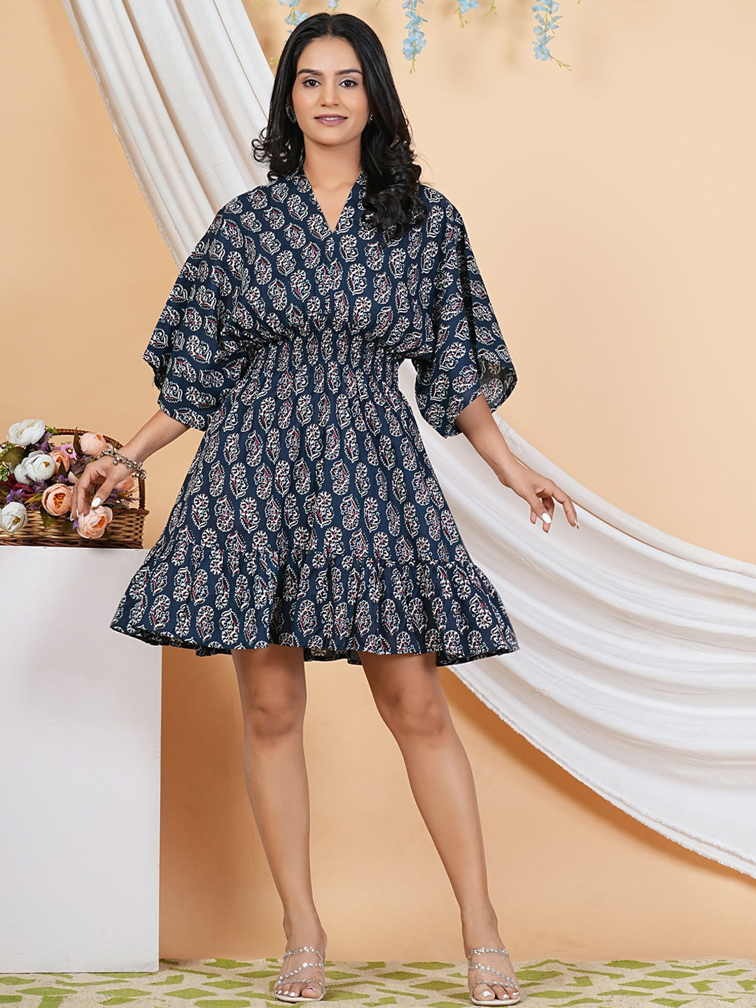 HEBA Ethnic Motifs Printed Kimono Sleeves Smocked Kaftan Dress
