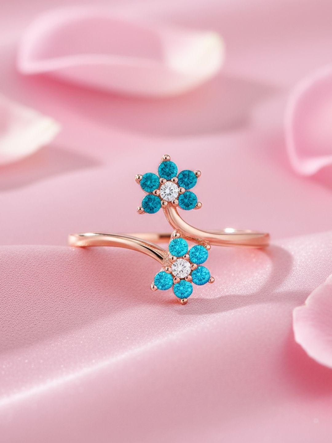 Zavya 925 Sterling Silver Rose Gold-Plated CZ-Studded The Summer Sky Blooms Finger Ring