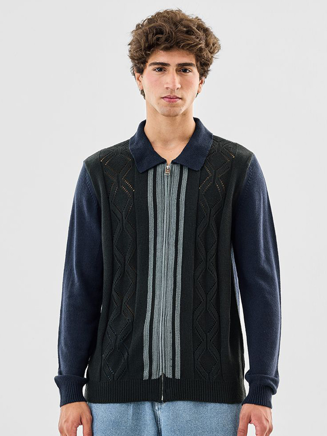 Snitch Men Open Knit Self Design Shirt Collar Front-Open Sweaters