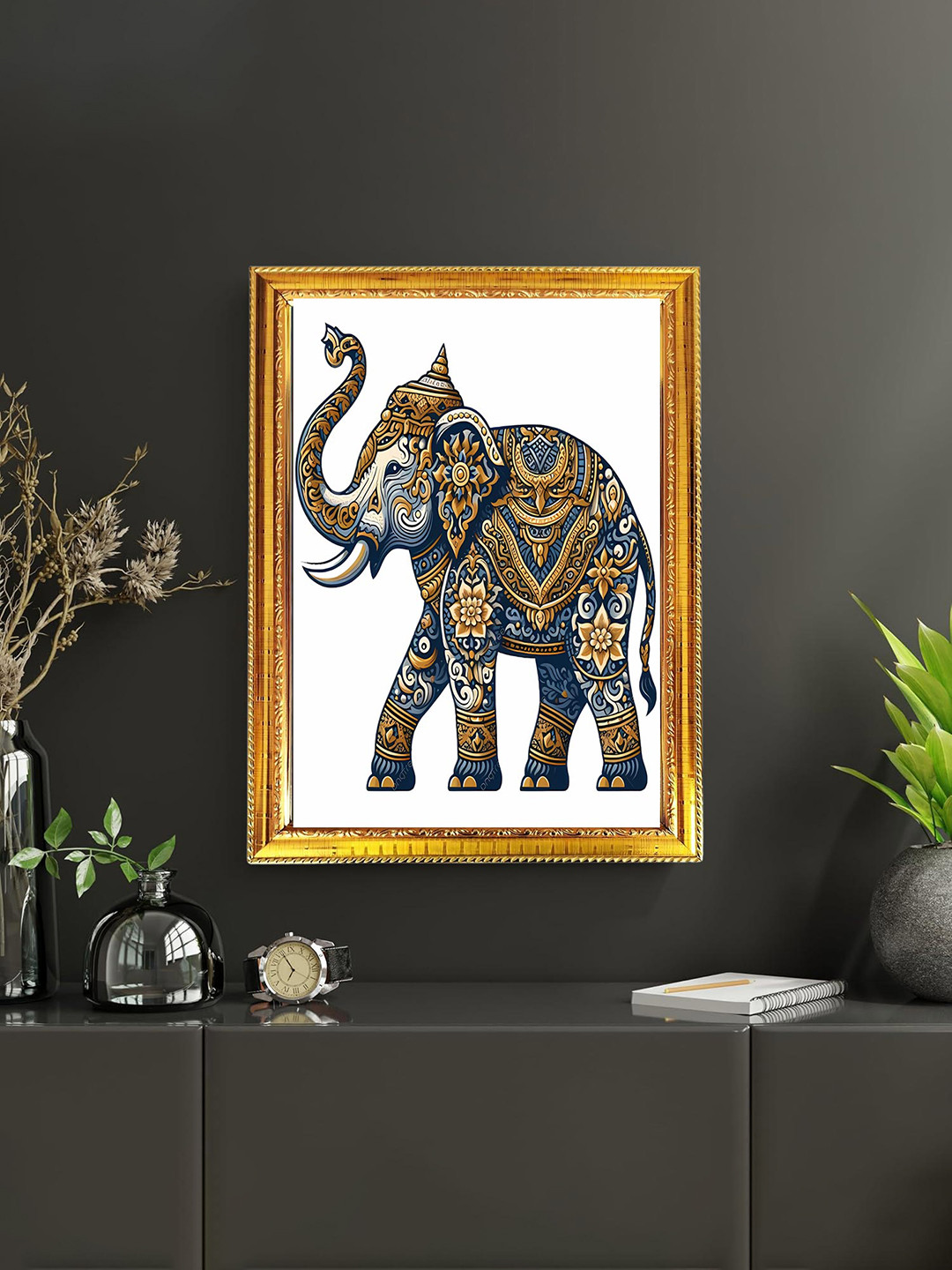 blinkart Blue & Beige Printed Lord Elephant Temple Religious Wall Art