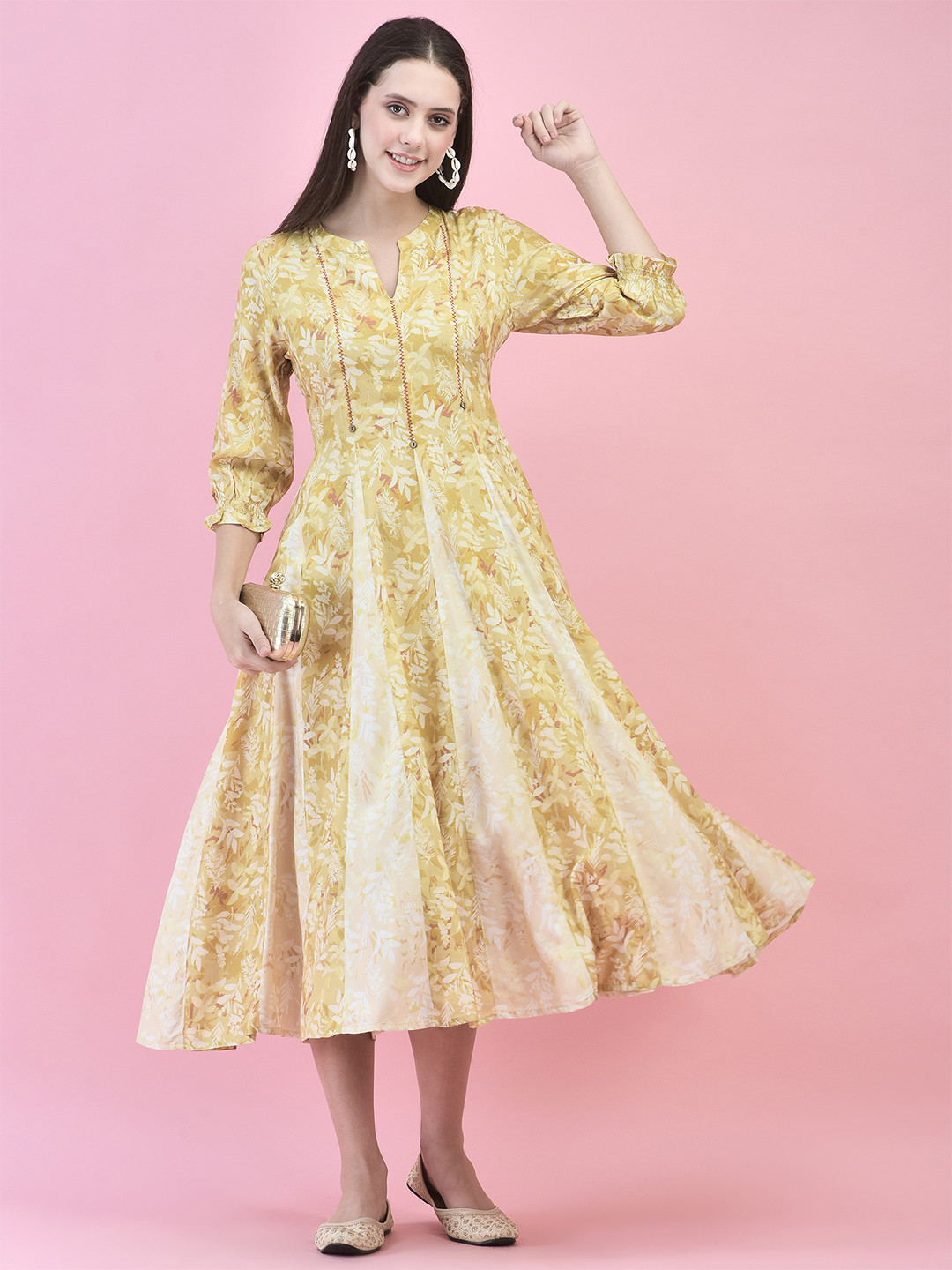 Shree Tropical Print Bishop Sleeve Liva Fit & Flare Maxi Dress