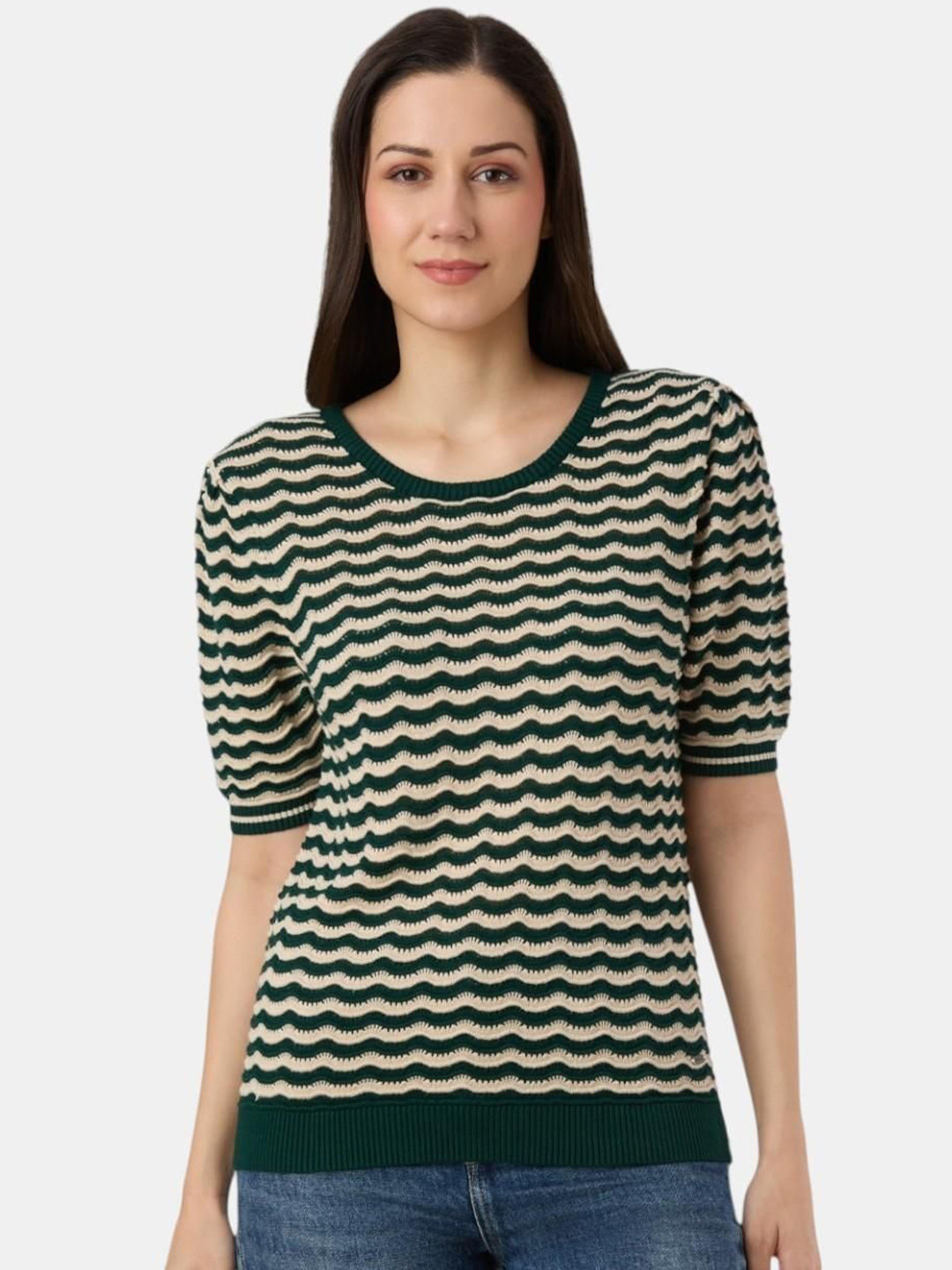 Pepe Jeans Women Striped Short Sleeve Round Neck Pullover Regular Sweaters