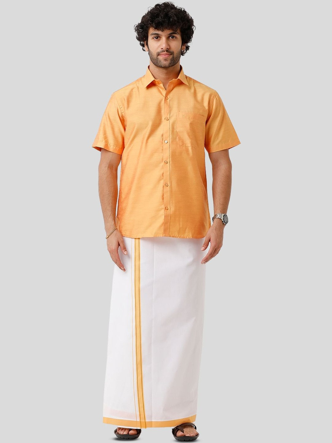 UATHAYAM Men Orange Silk Blend Solid Clothing Set