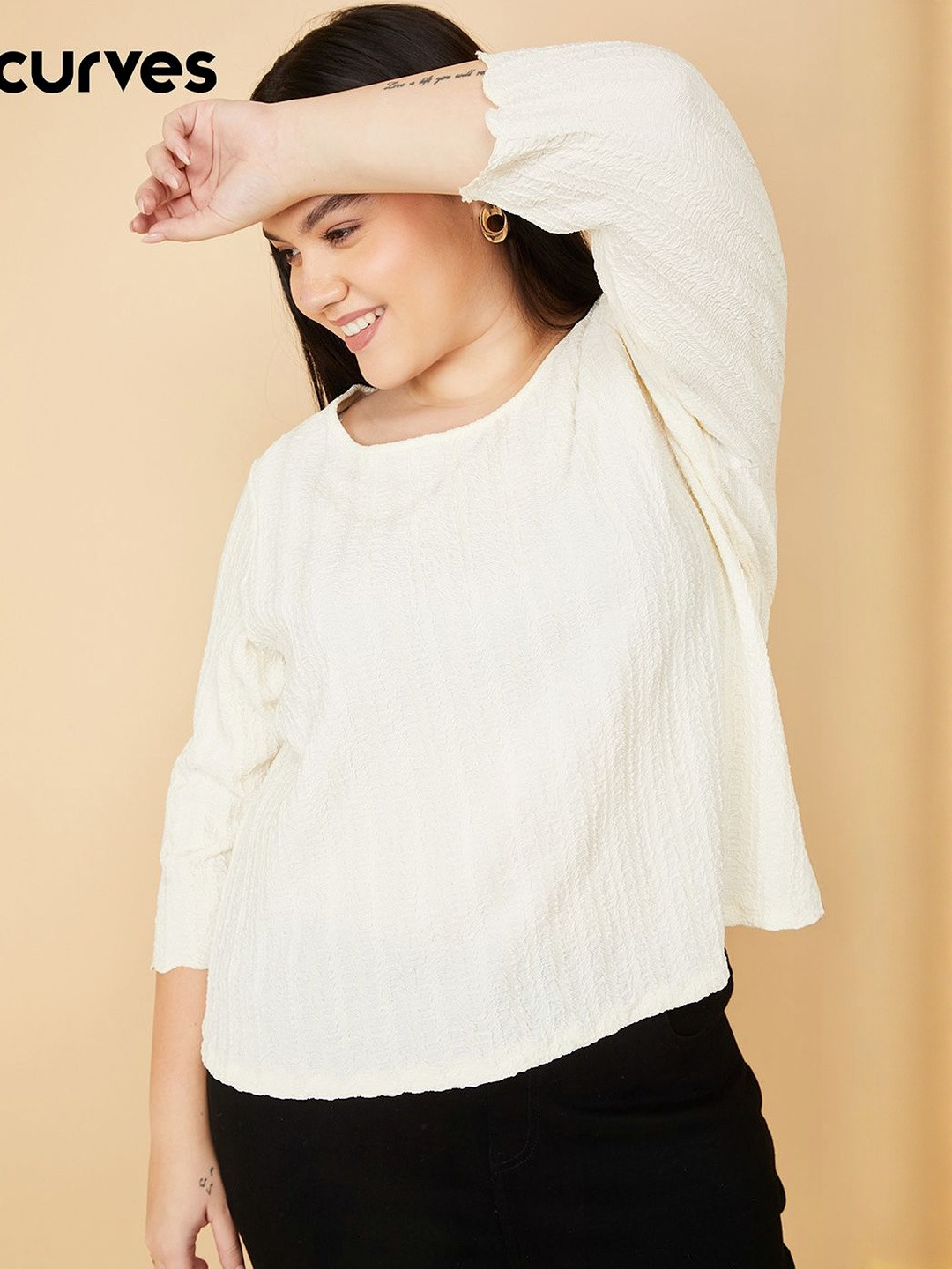 max Women Plus Size Boat Neck Textured Top