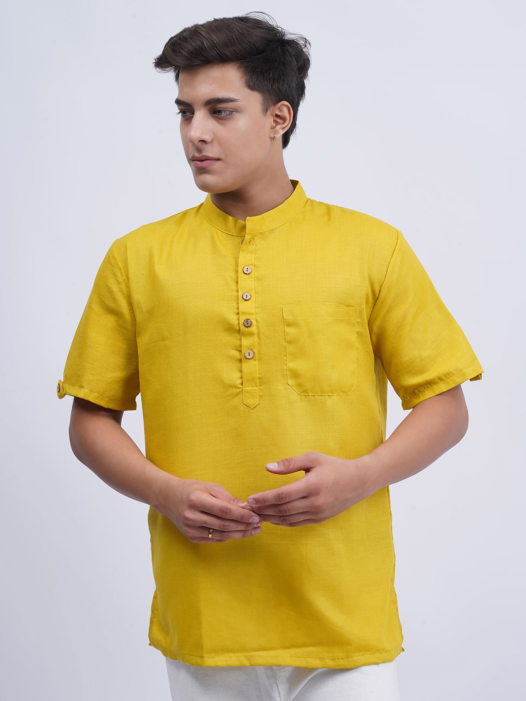Cot'N Soft Men Mandarin Collar Roll-Up Sleeves Pure Cotton Straight Short Kurta