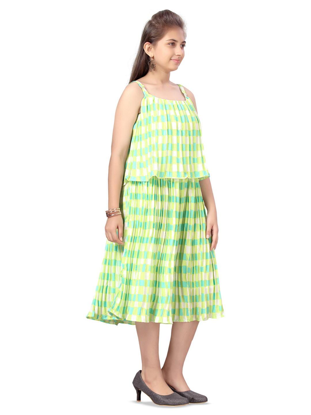 BAESD Girls Checked Accordion Pleats Blouson Dress