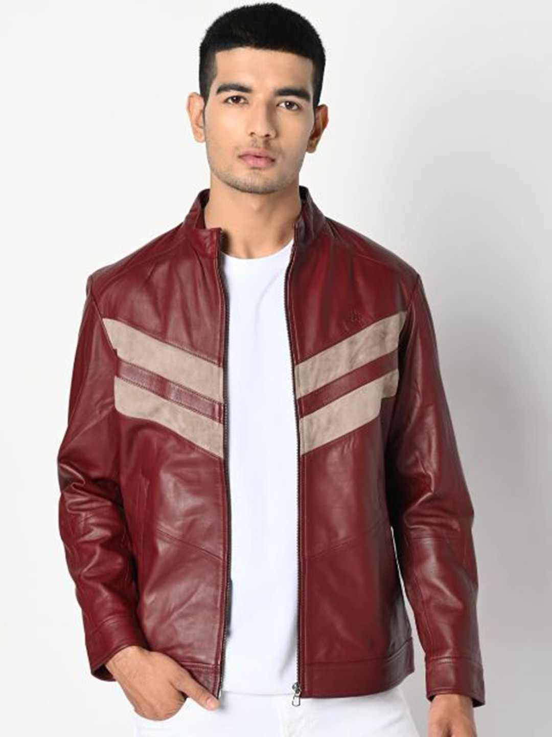 Tortoise Colorblocked Mock Collar Leather Jacket