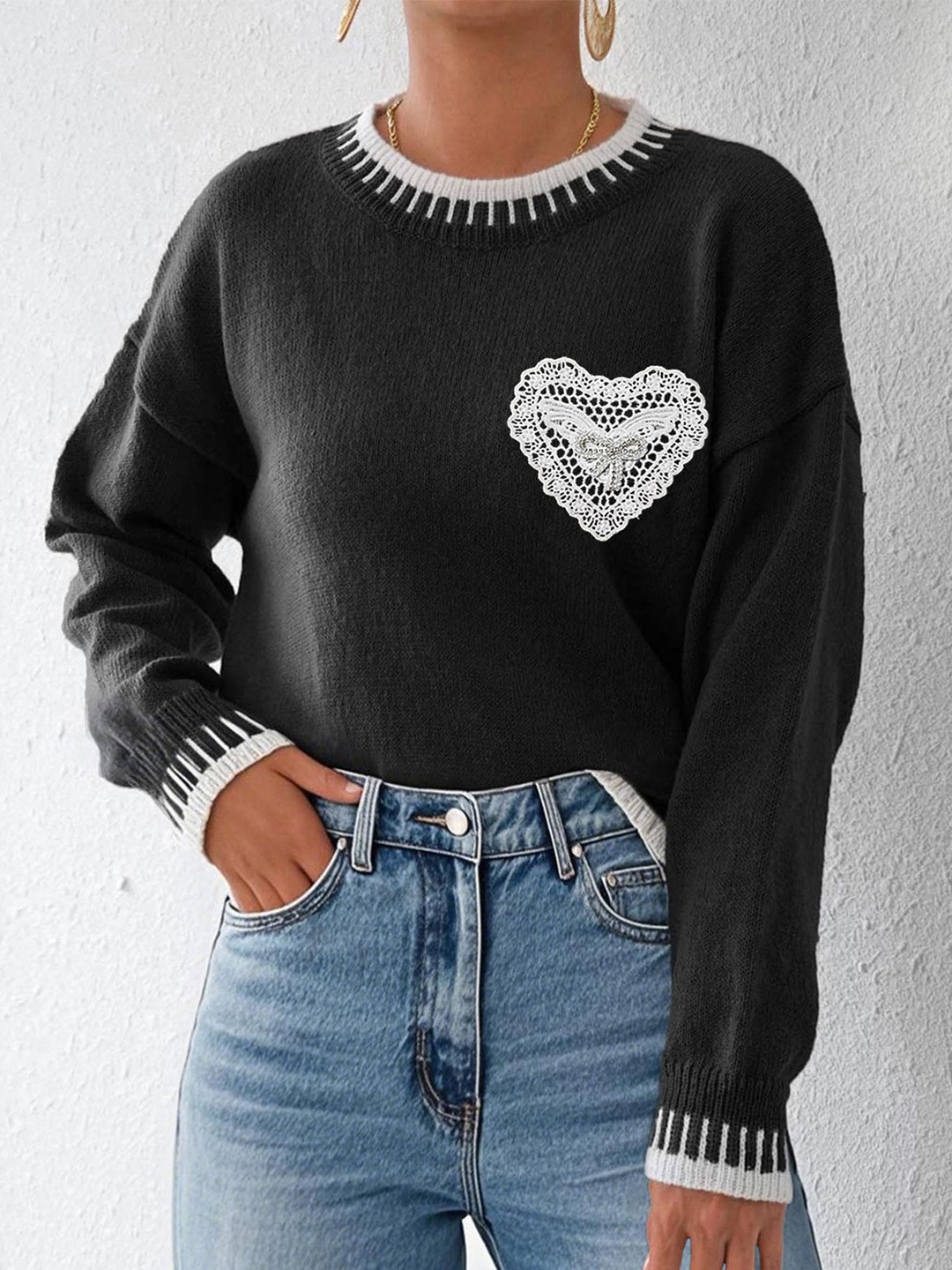 StyleCast x Revolte Women Cable Knit Round Neck Lace Inserts Pullover