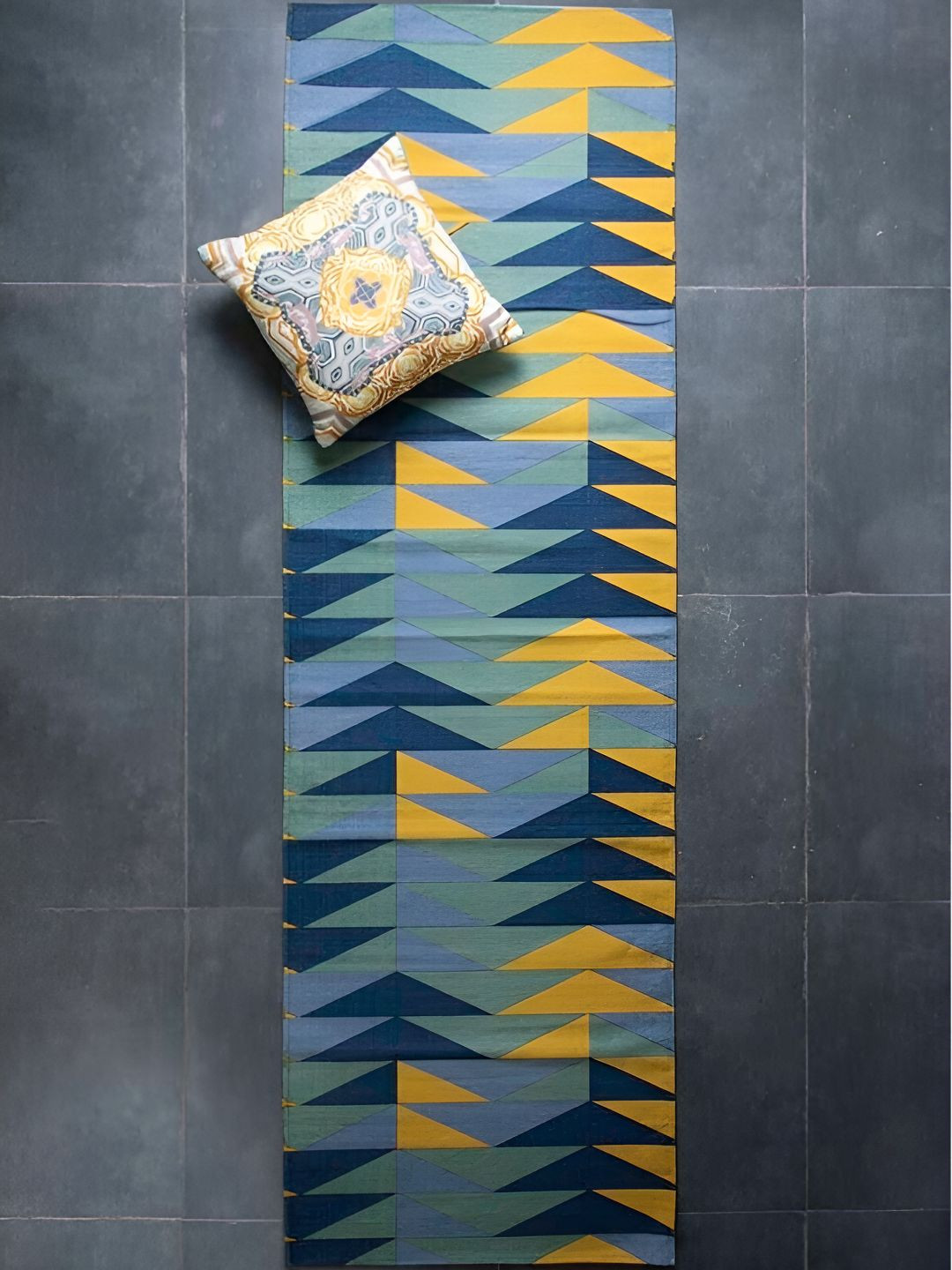 FREEDOM TREE Jiddu Blue & Yellow Printed Pure Cotton Rectangular Rug-Dhurrie