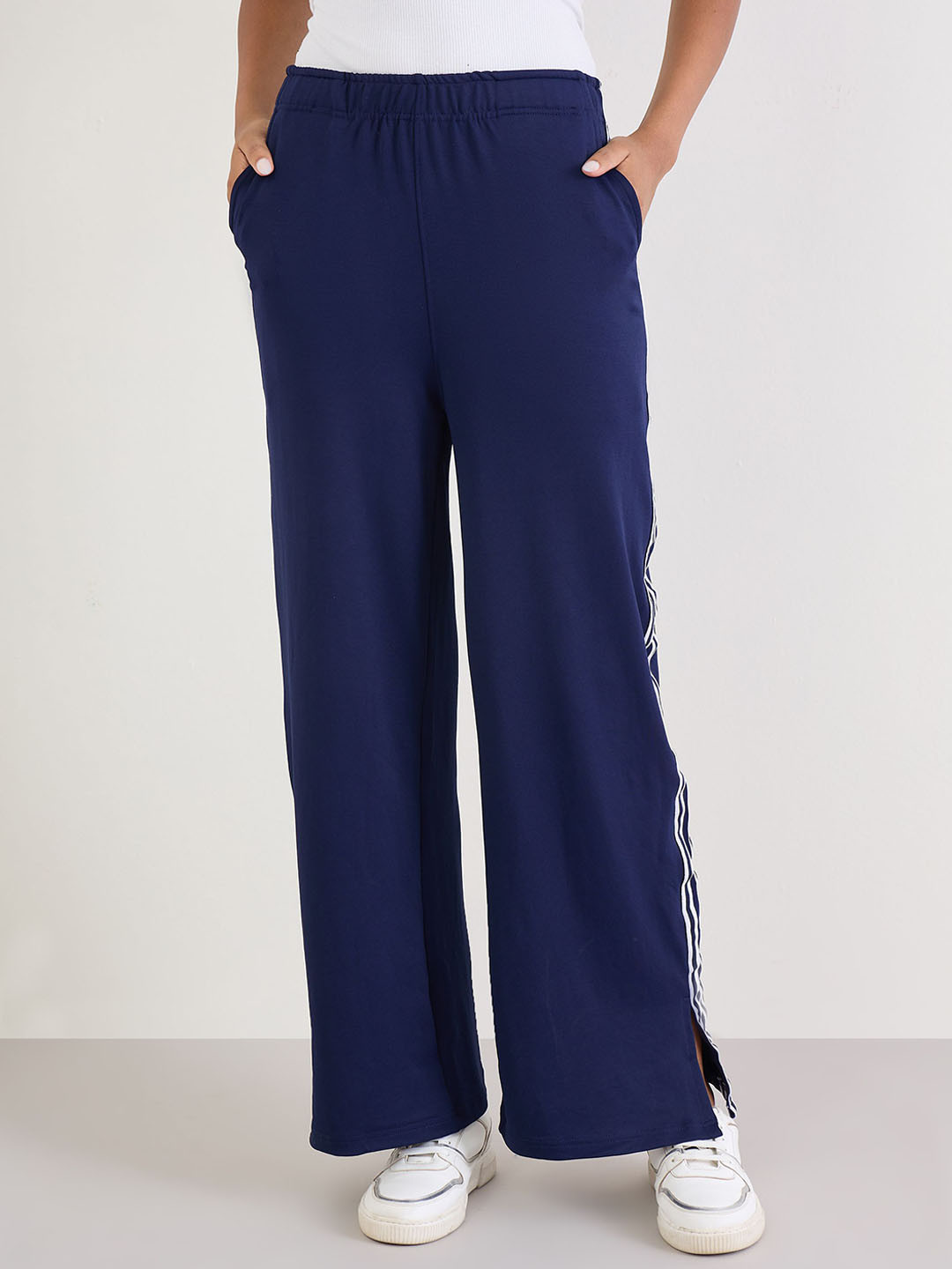 Styli Women Striped Pure Cotton Wide Leg Cotton Joggers