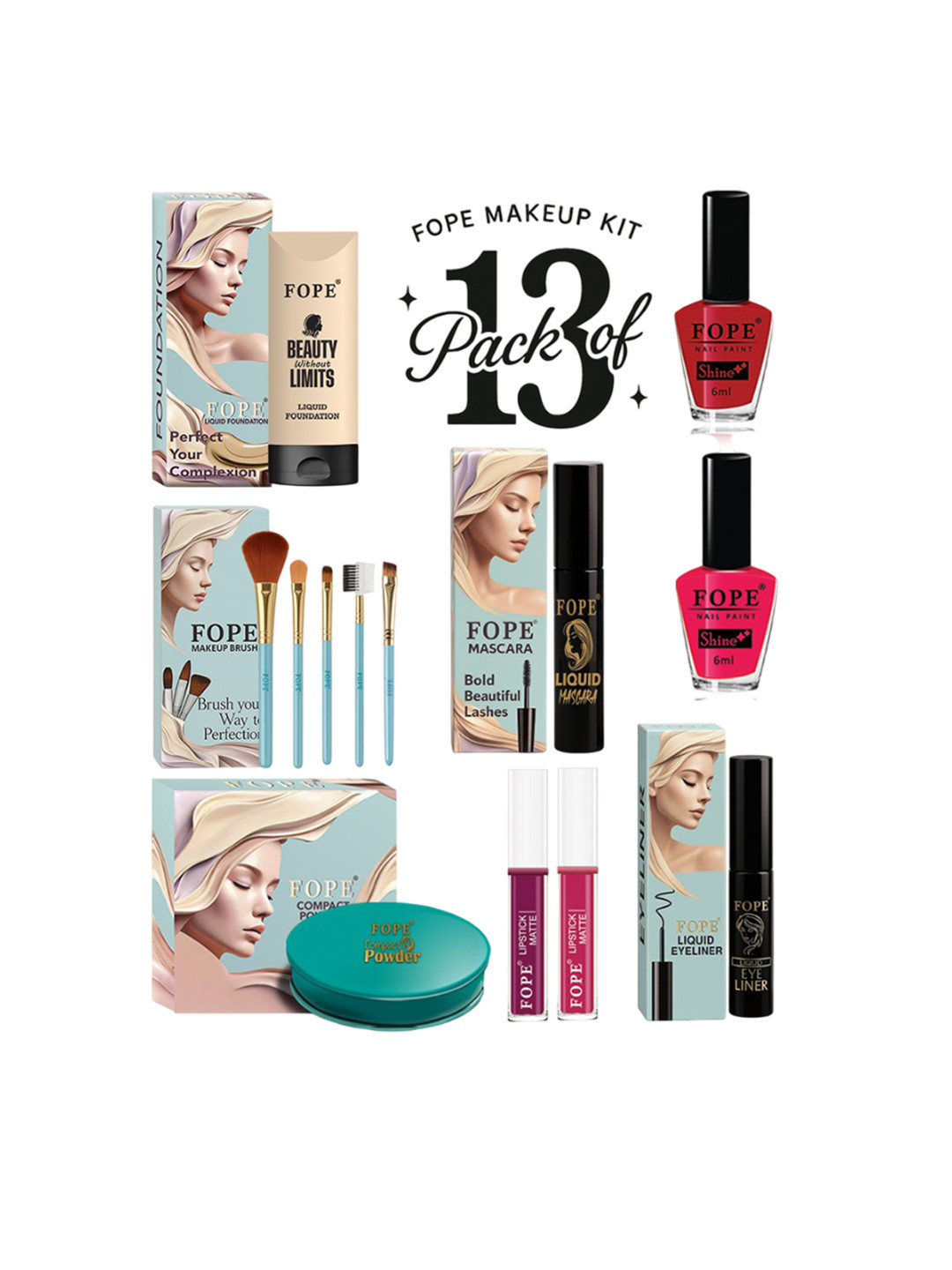 FOPE Set Of 13 Foundation, Compact, Nail Polish, Mascara, Kajal & Makeup Brush Set