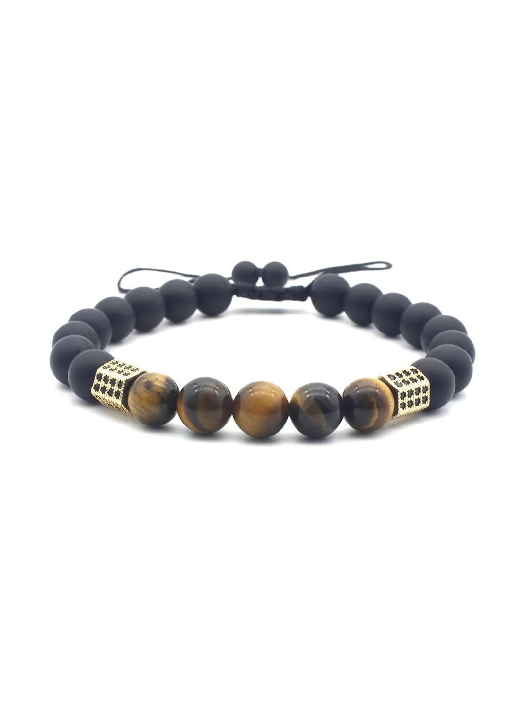 EDMIRIA 8mm Natural Tiger Eye & Black Obsidian CZ Hexagonal Beads Stone Bracelets