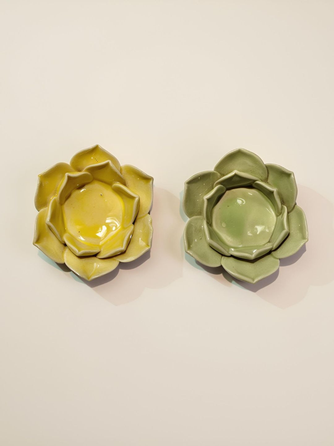 Kraftlik Handicraft Set Of 2 Crafted Ceramics Lotus Flower Candle Holder