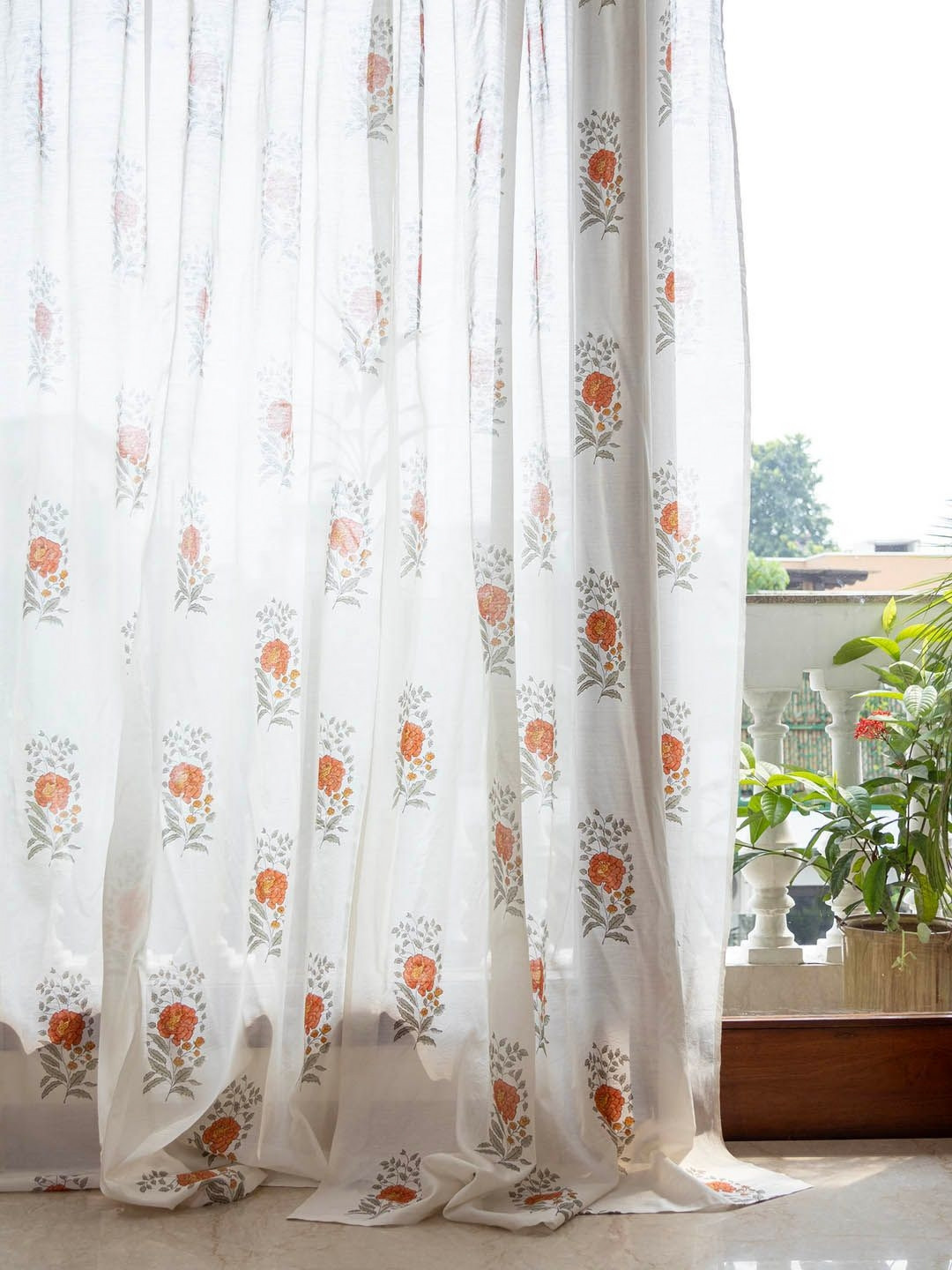 Eyaas Orange & White Floral Cotton Silk Sheer Door Curtain