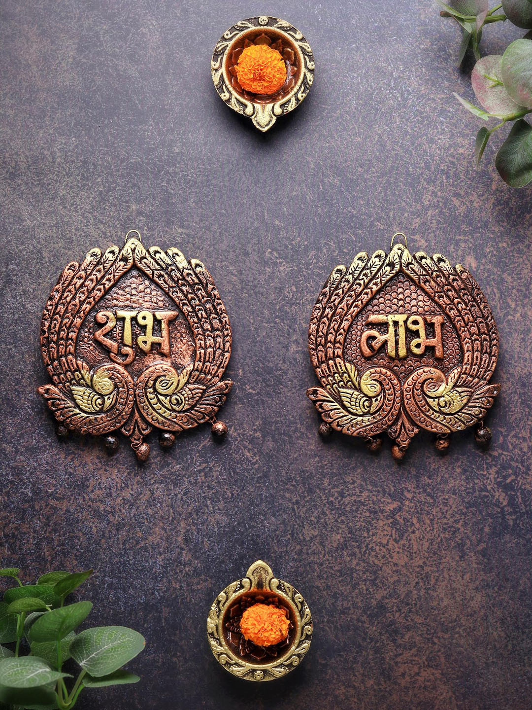 The handicraftian Brown & Gold Toned 2 Piece Textured Welcome Subh Labh Wall Hangings