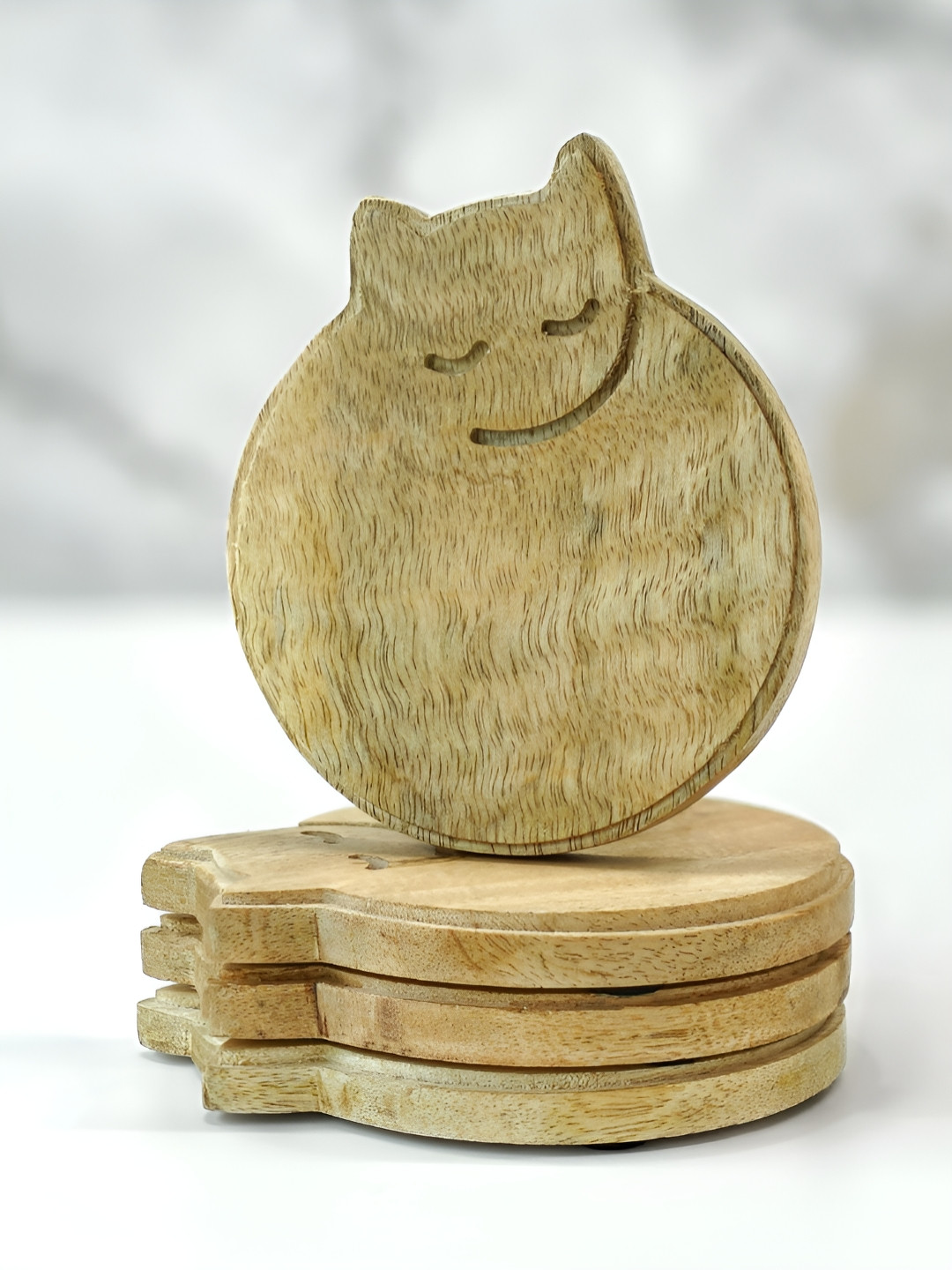 BEHOMA Brown 4 Pieces Sleepy Cat Design Wooden Coasters
