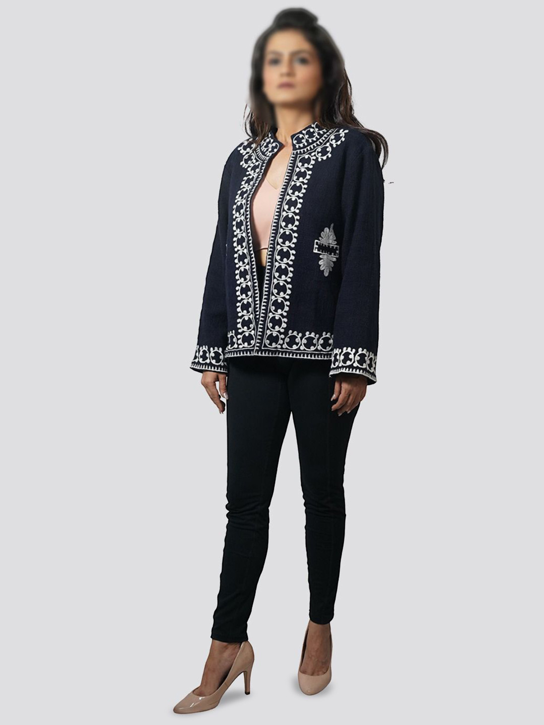 M MARCHLABEL Mandarin Collar Open Front Jacket