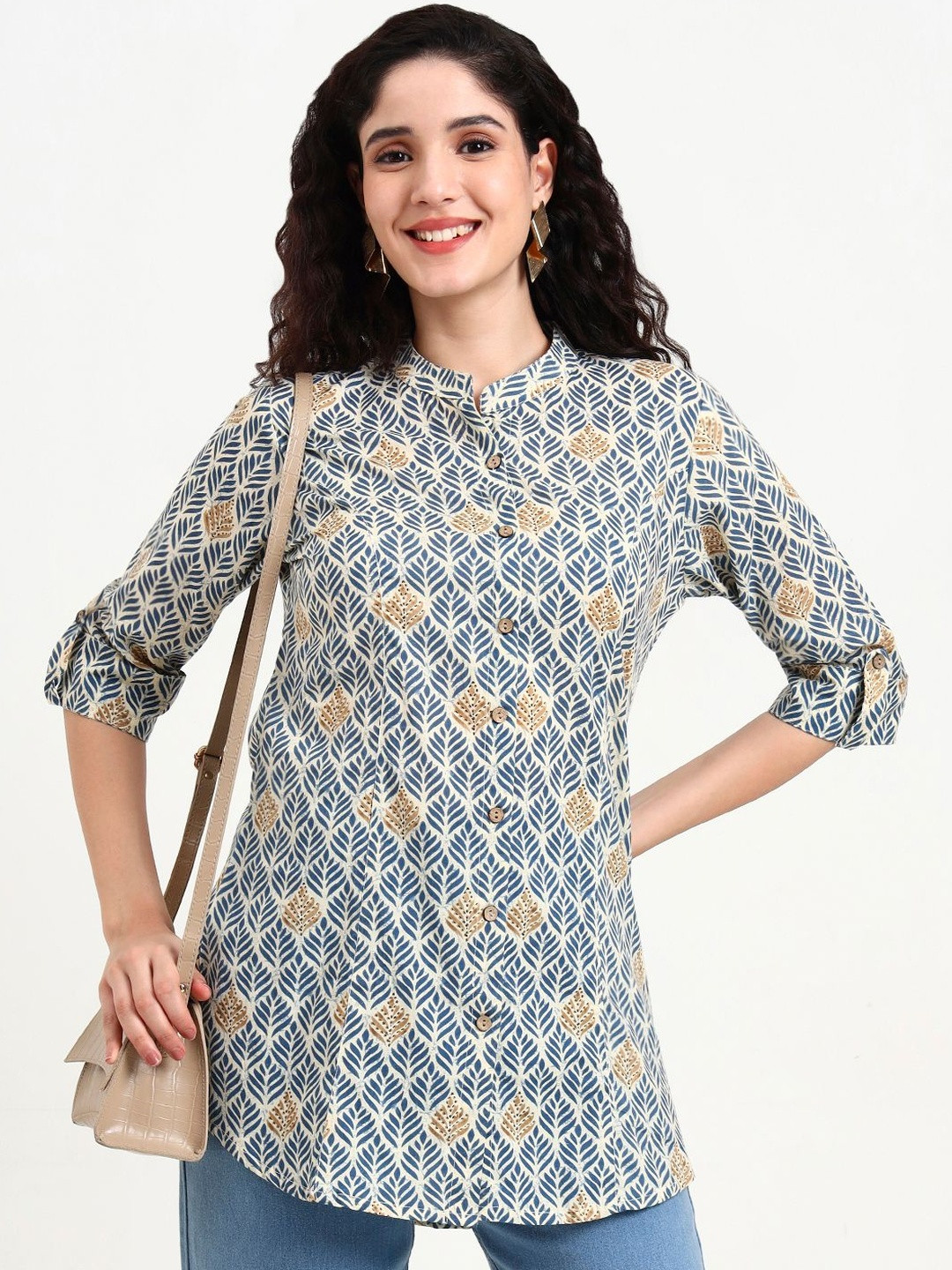 KALINI Geometric Print Mandarin Collar Roll-Up Sleeves Cotton Top