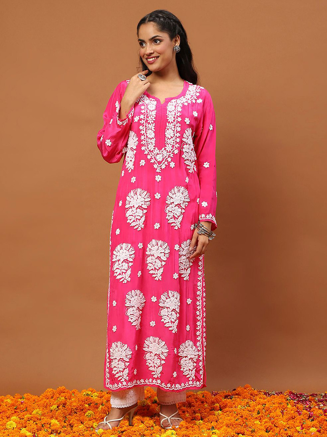 House of Chikankari Dark Pink Satin Crepe Chikankari Solid Women's Long Kurta