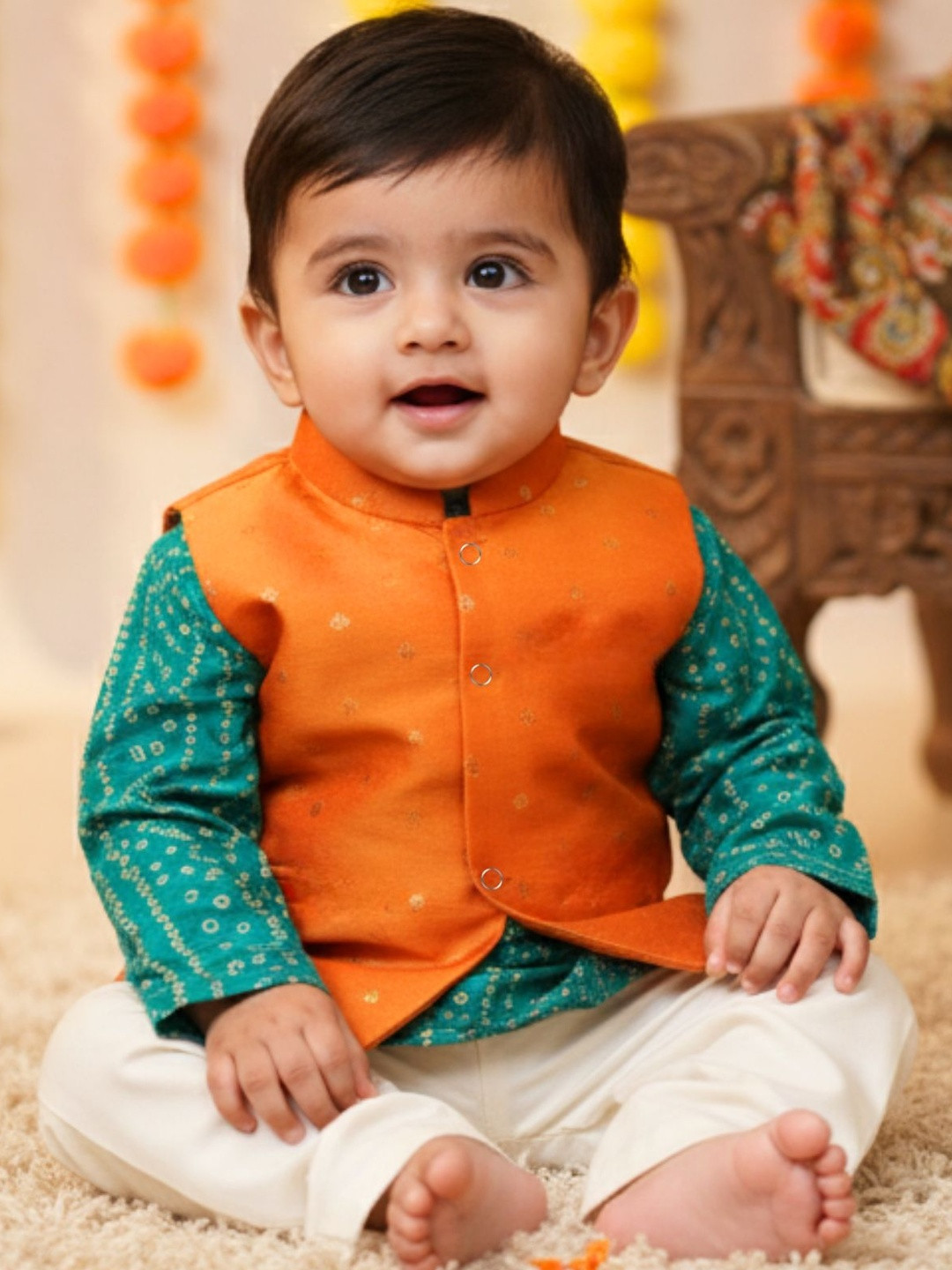 Sangria Boys Bandhani Kurta Pant Set with Orange Zari Bandi