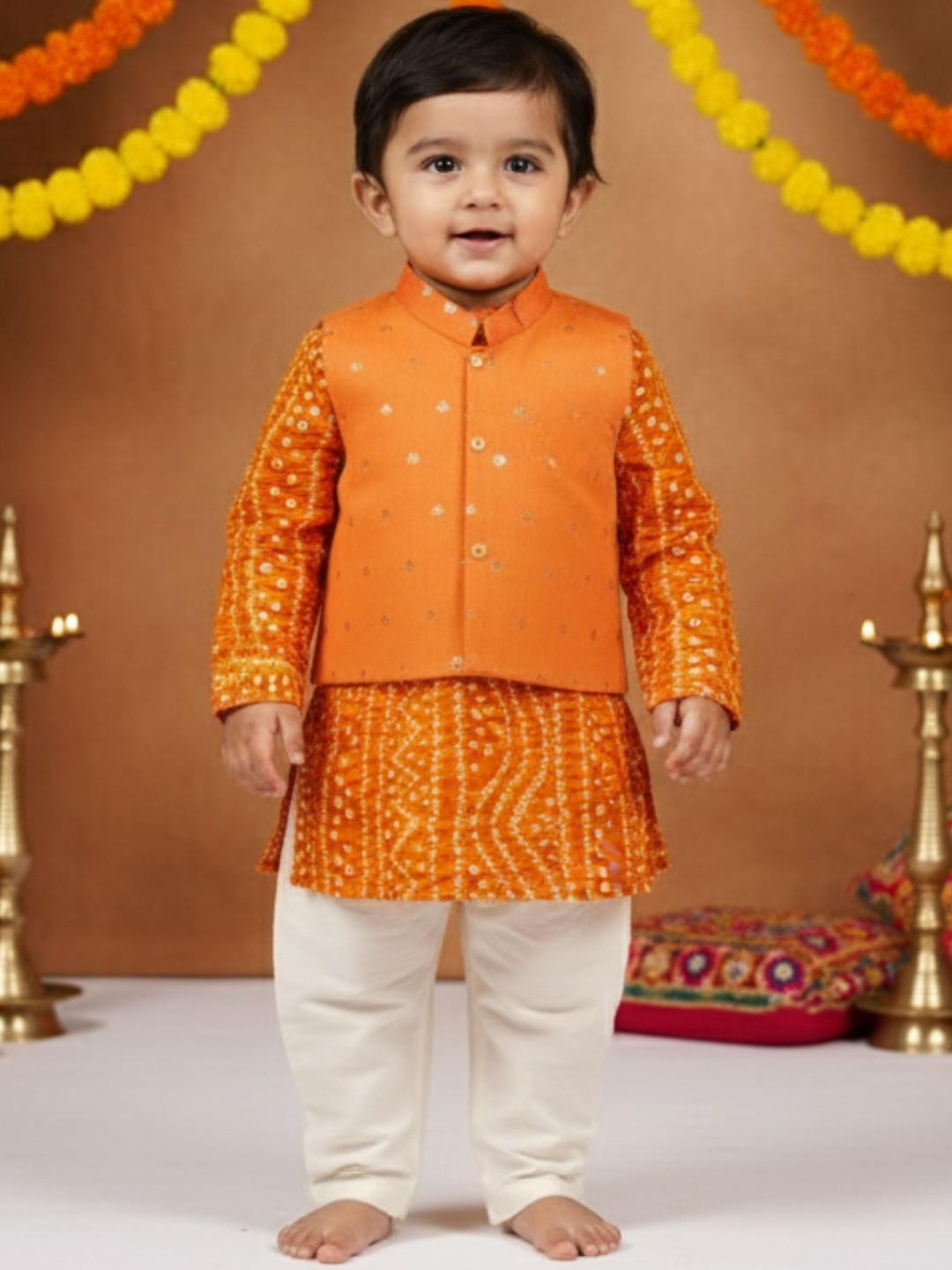 Sangria Baby Boy Orange Bandhani Kurta Pant Set with Orange Zari Bandi