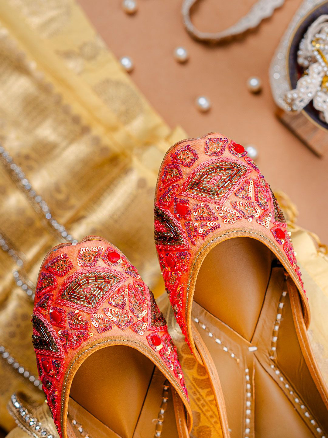 NR By Nidhi Rathi Women Peach Handcrafted Rose Gold Embroidered Ethnic Juttis
