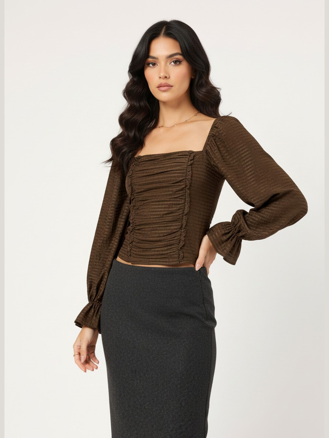 DressBerry Minimalist Muse Self Checked Smocked Ruched Top