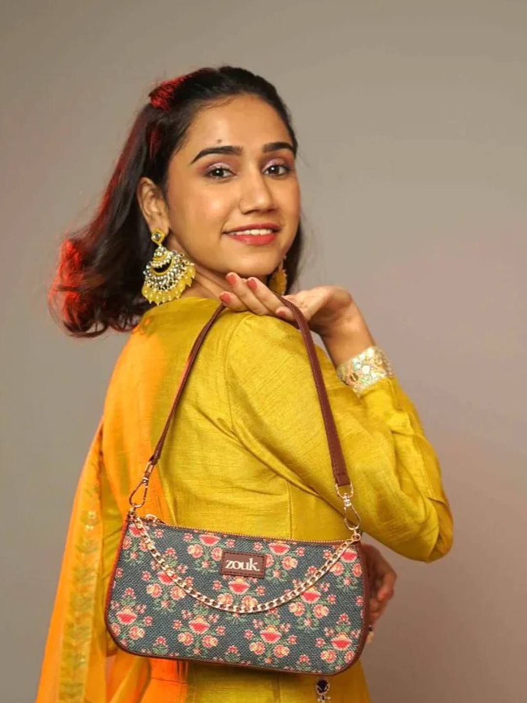 ZOUK Floral Printed Structured Baguette Bag Handbags