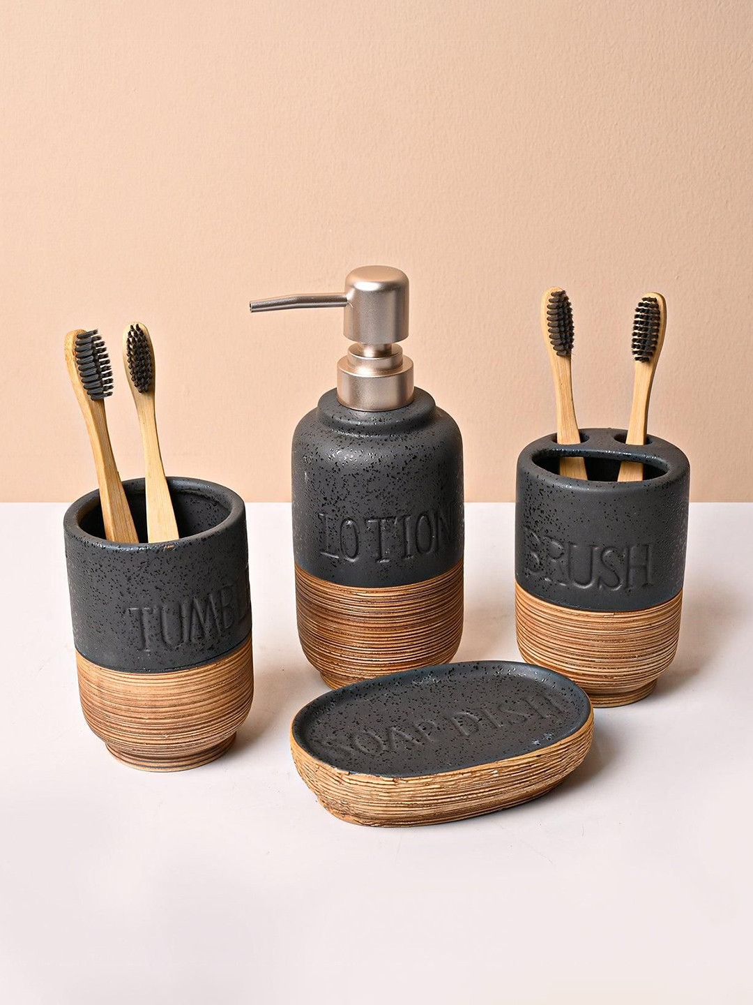MARKET99 Black & Brown 4 Pieces Wooden Elegance Ceramic Shower Holders