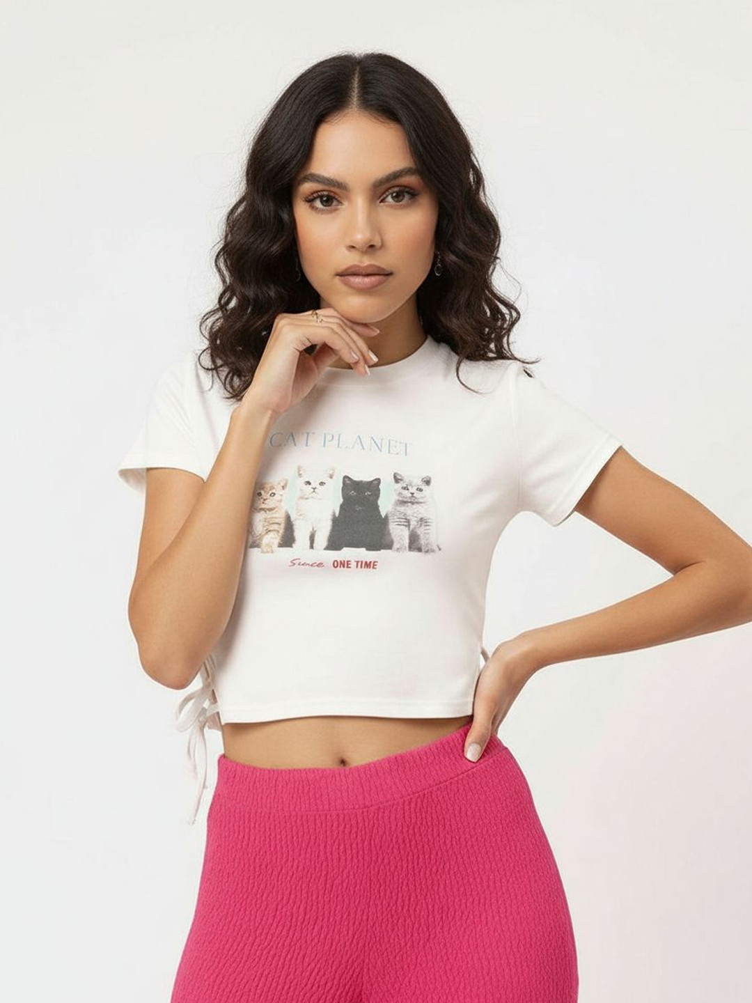DressBerry Meow-jestic Vibes Graphic Print Cut Out Crop T-shirt