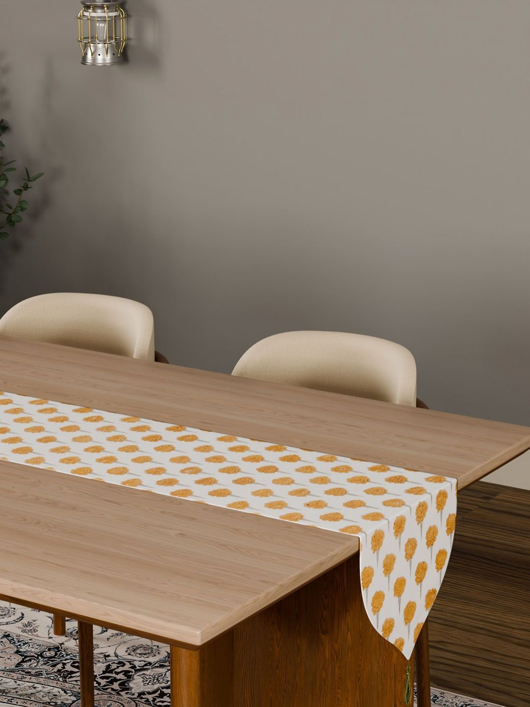 Eyaas White & Yellow Marigold Block Printed Table Runner