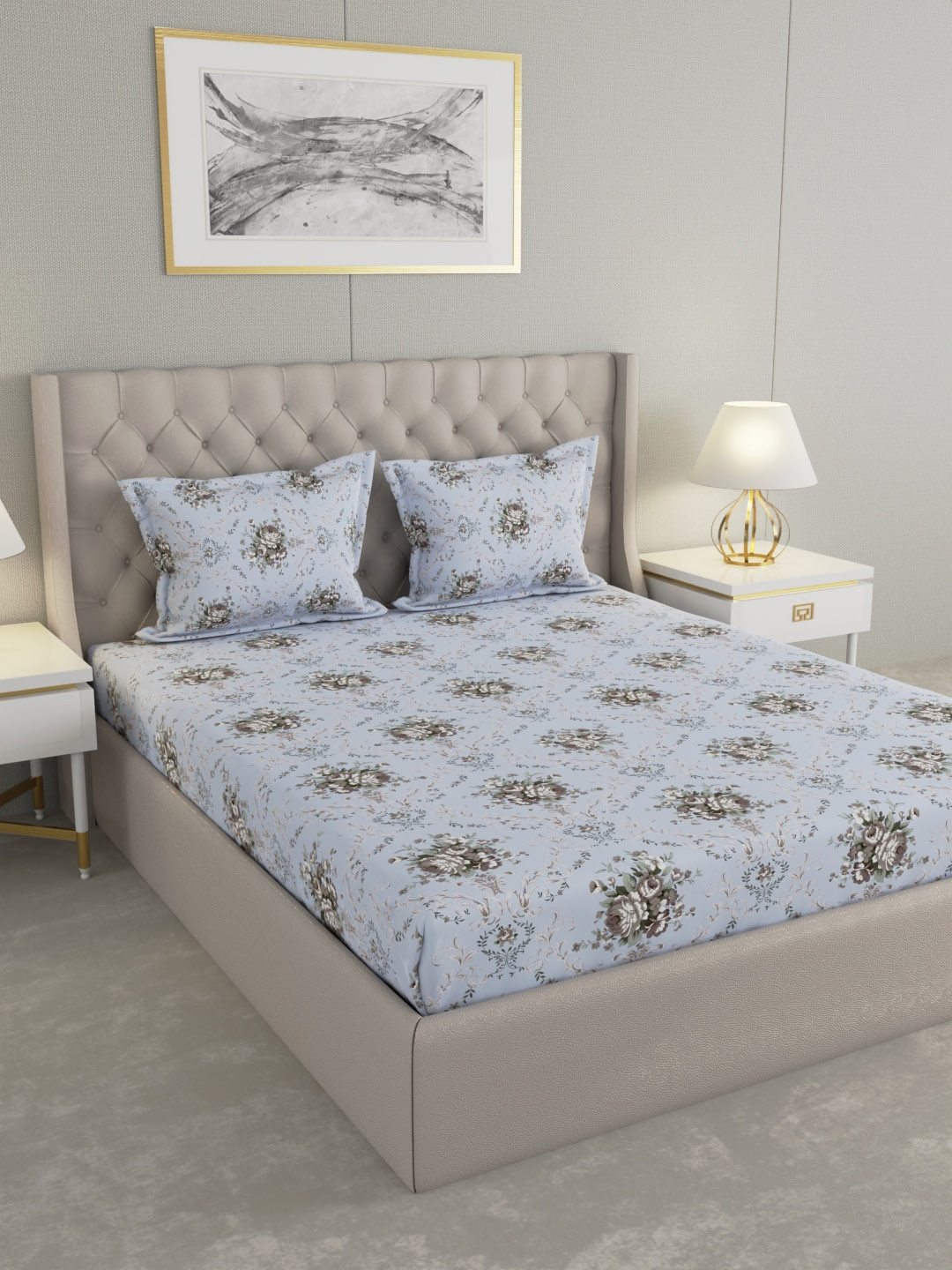 Raymond Home Blue & Grey Floral Printed 100TC Double Queen Bedsheet Set 2.25 m x 2.50 m