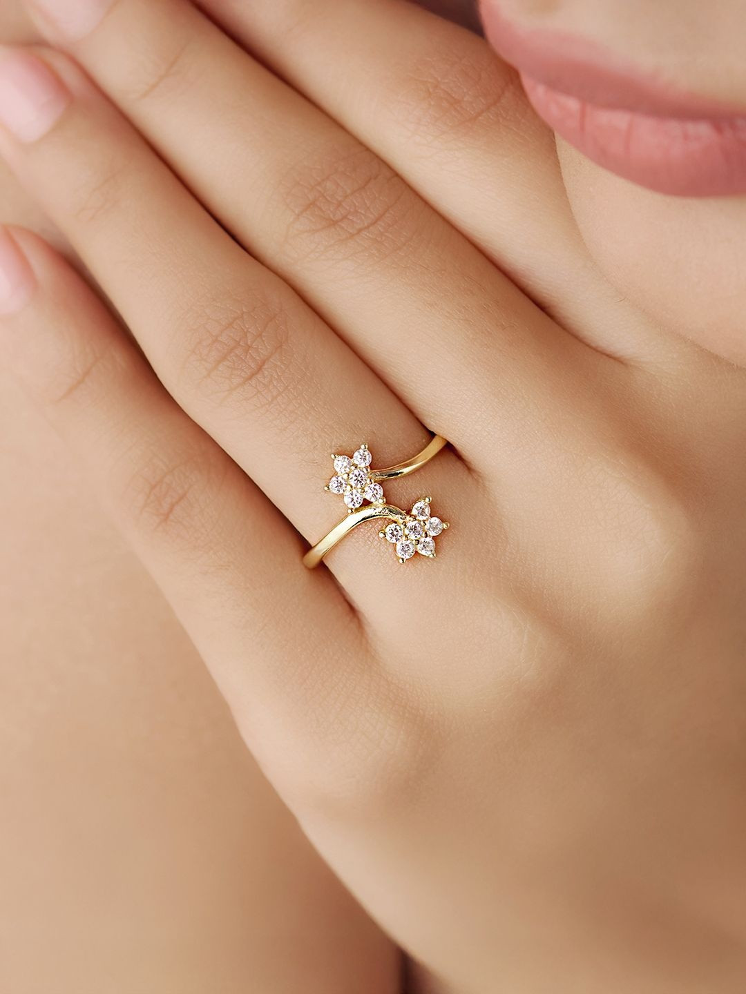 Zavya 925 Sterling Silver Gold-Plated CZ-Studded Two Souls In Bloom Adjustable Finger Ring
