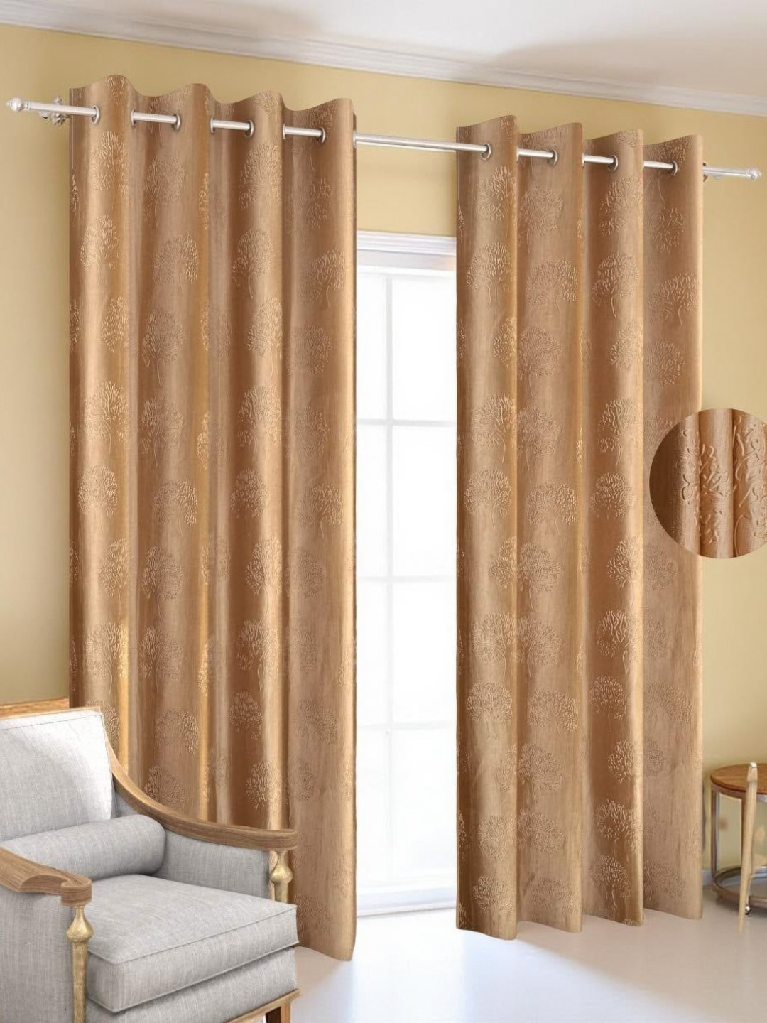 Aura Gold-Toned 2 Pieces Printed Room Darkening Long Door Curtains