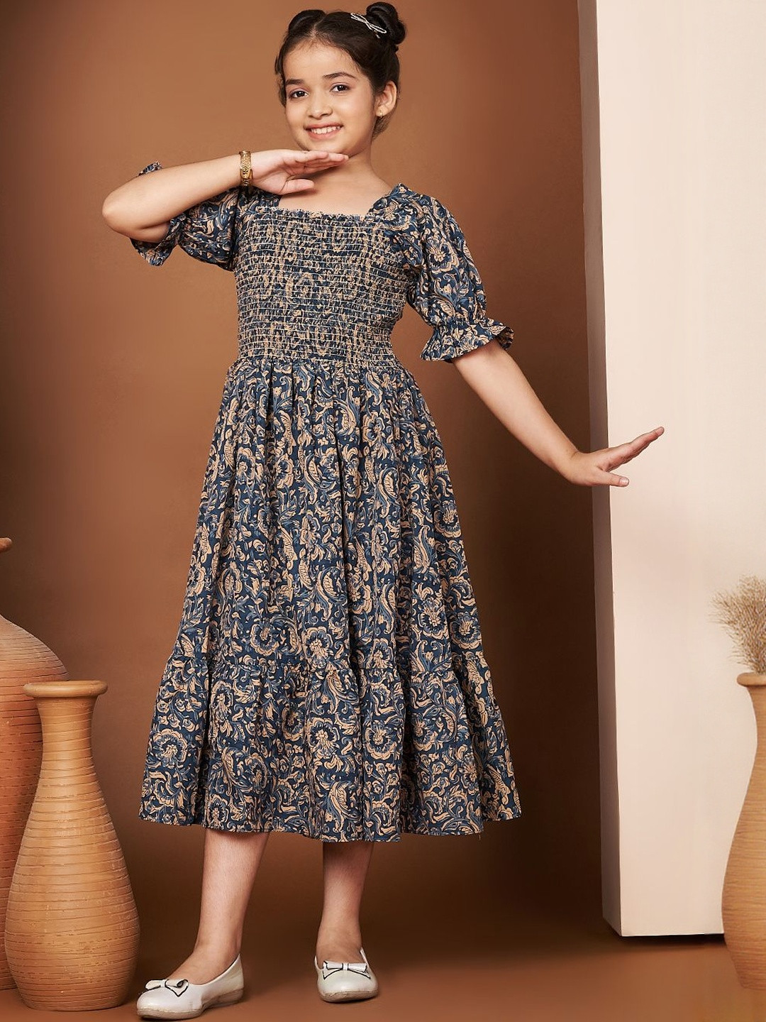 LookShine Floral Print Puff Sleeve A-Line Midi Dress
