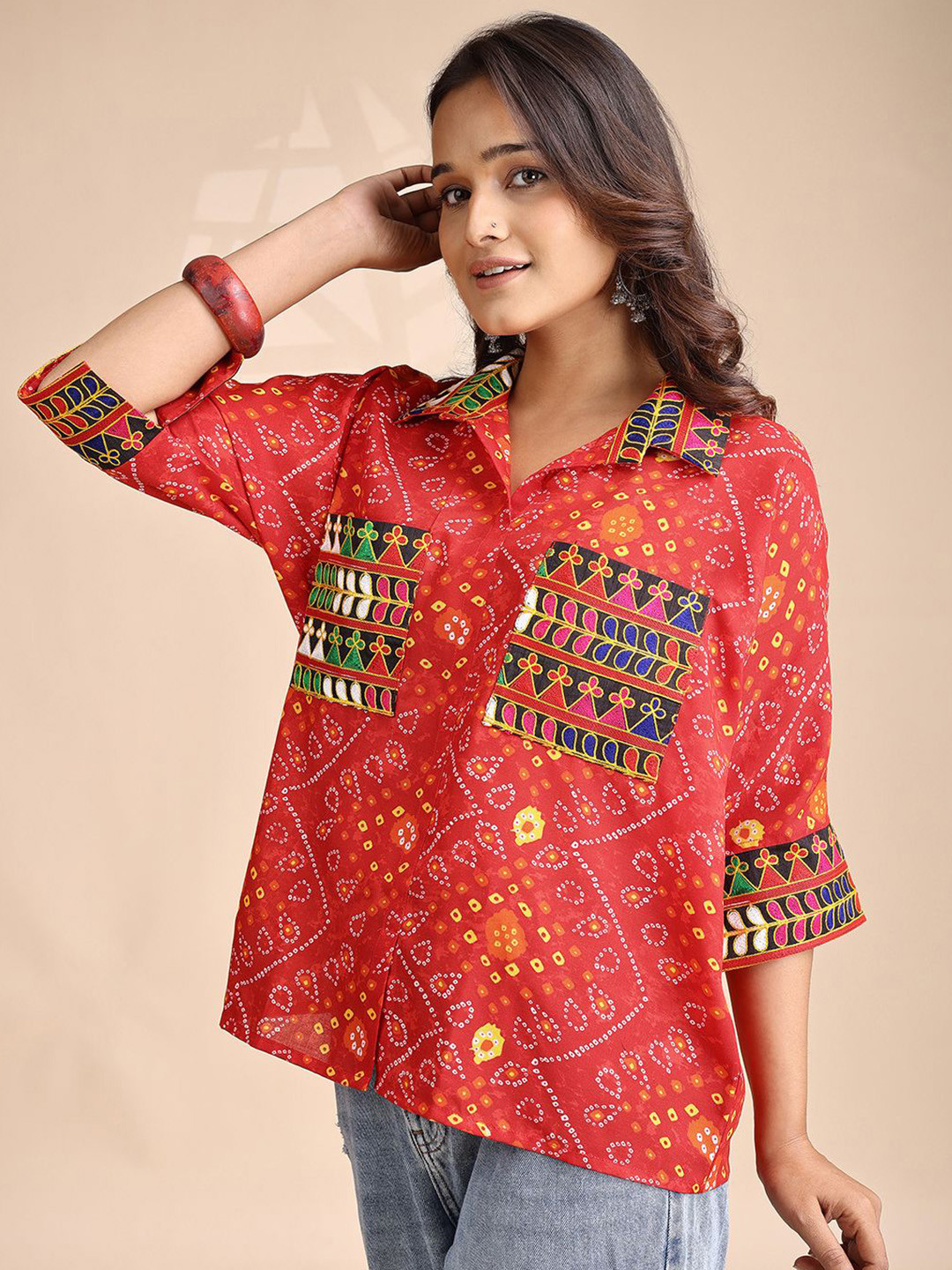 Youthnic Women's Bandhani Printed & Embroidered Relaxed Fit Pocket Boxy Shirt Style Top