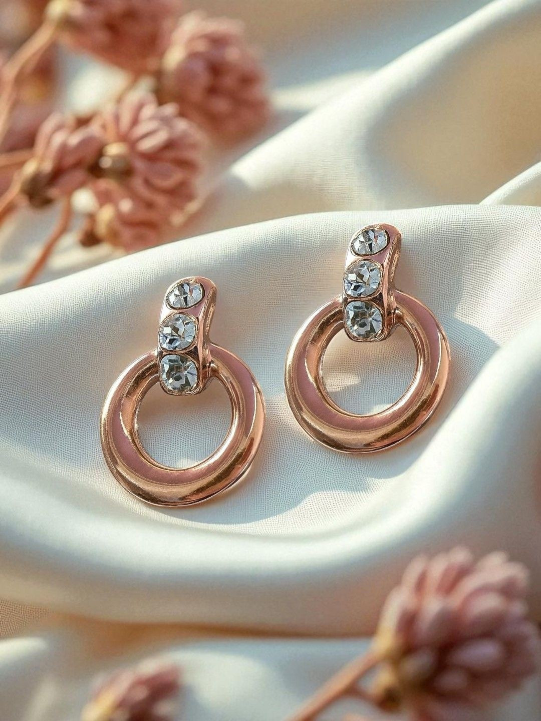 AccessHer Rose Gold Brass Artificial Stones and Beads Hoop Earrings