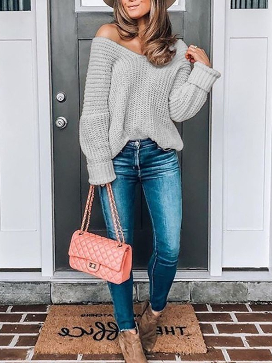 HERE&NOW Women Cable Knit Loose Fit V-Neck Long Sleeves Pullover Sweaters