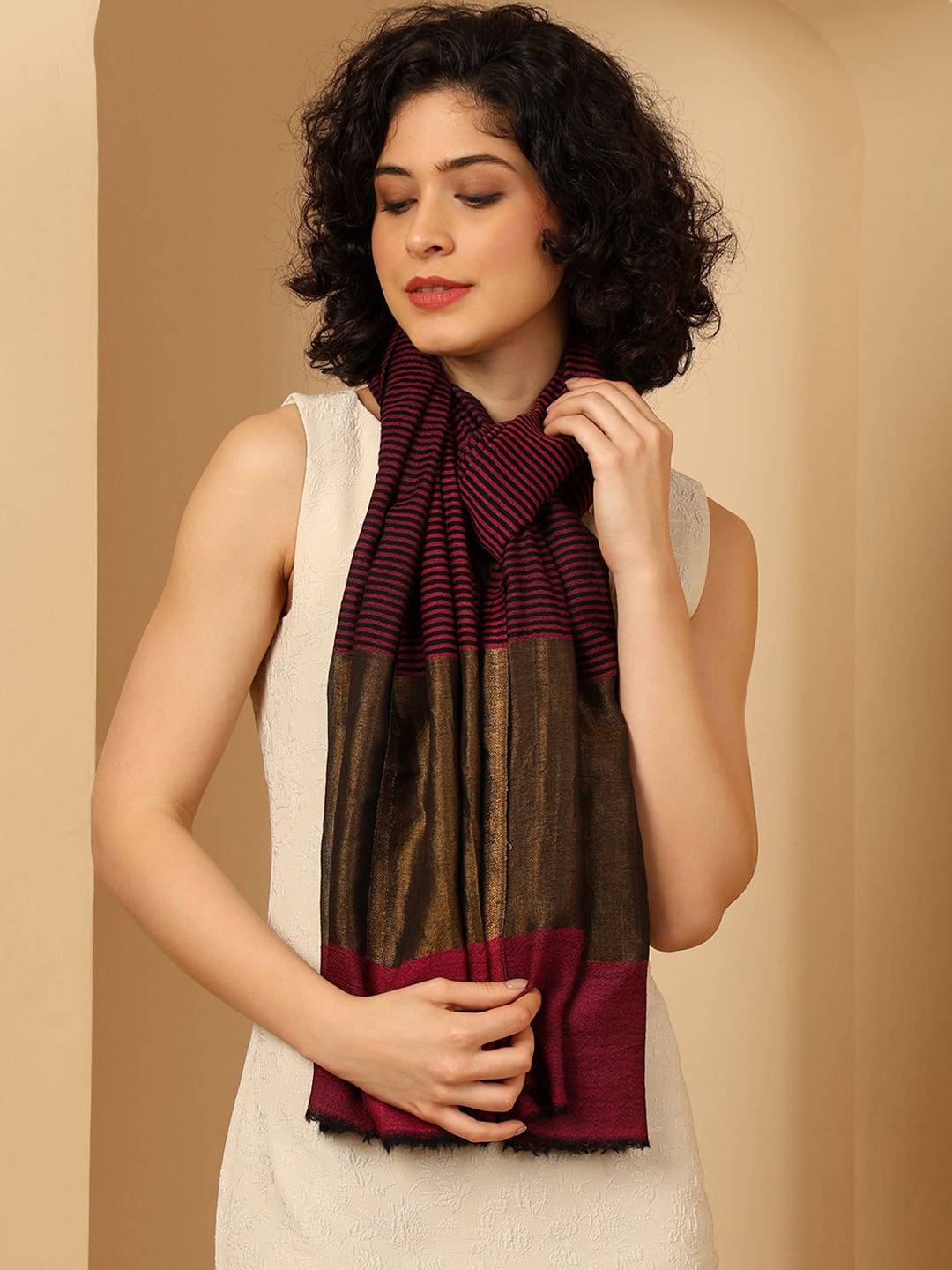 Tweedle Women Striped Pashmina Stole With Shawl