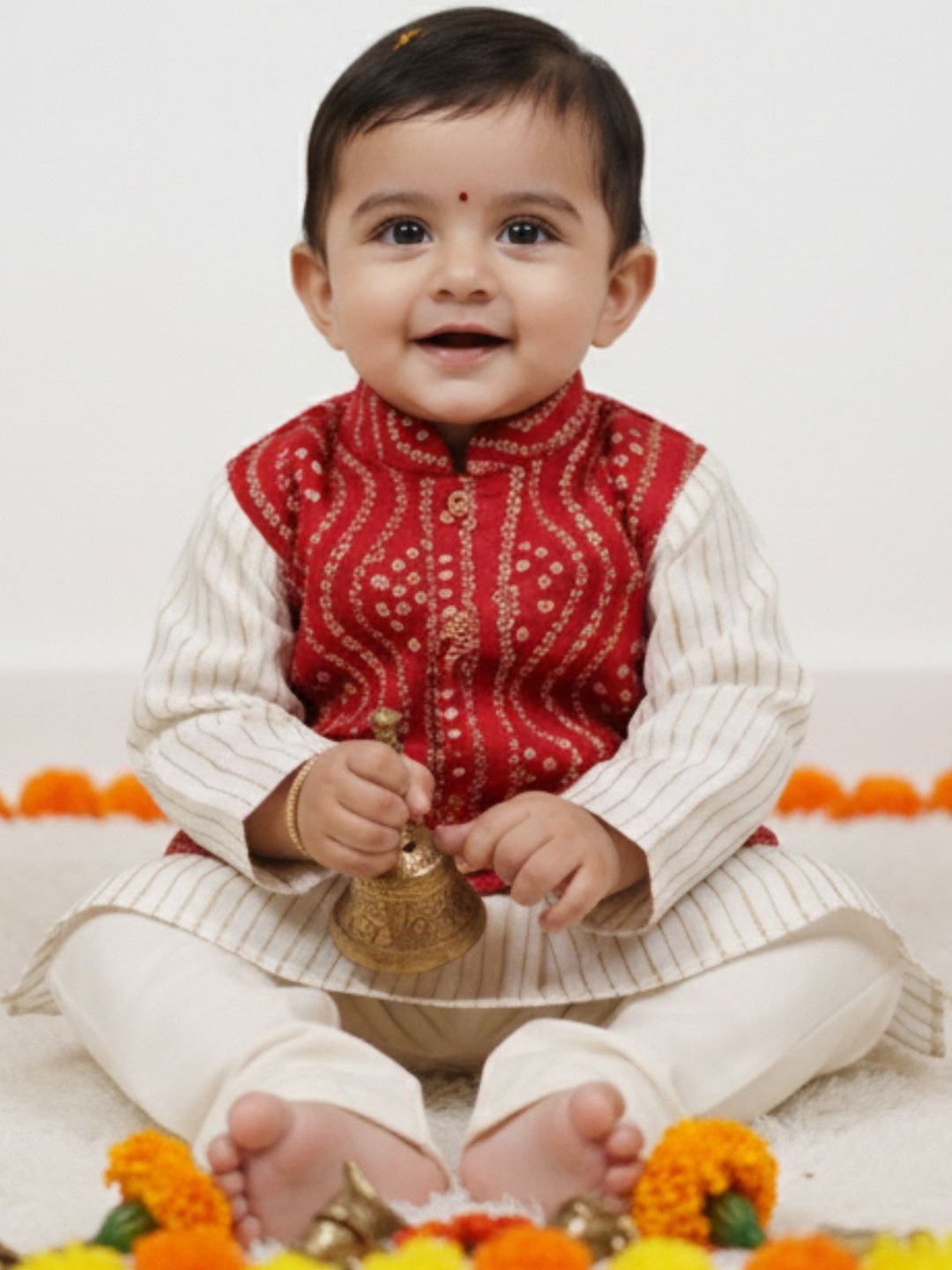 Sangria Baby Boy Kurta Pyjama Set with Pink Bandhani Bandi