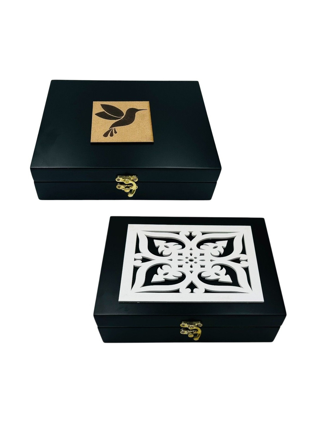 Angira handicrafts Set Of 2 Black Wooden Multipurpose Storage Box With Velvet Interior