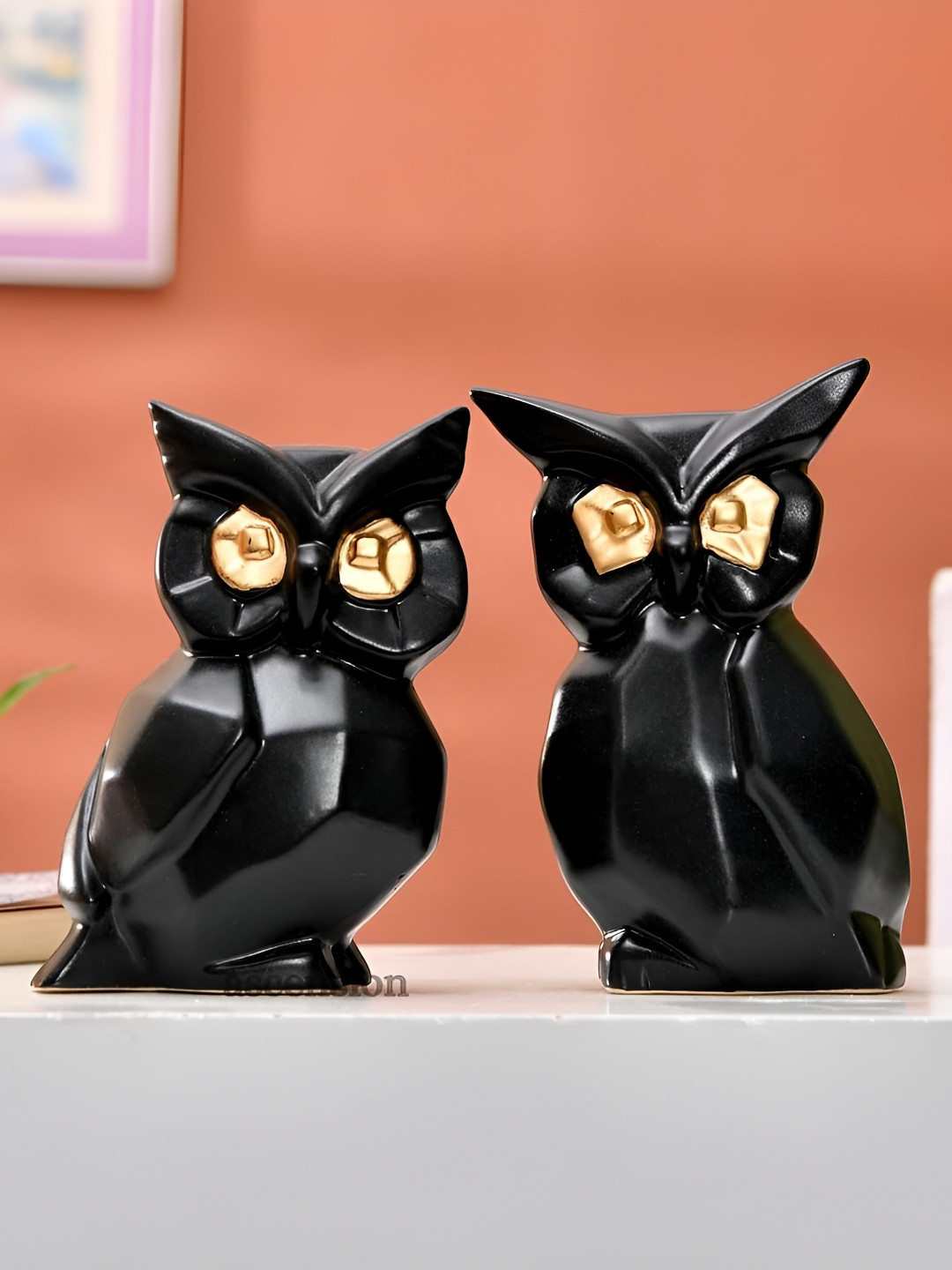 Ascension Black & Gold-Toned 2 Pieces Owl Statue Ceramic Figurine Showpieces