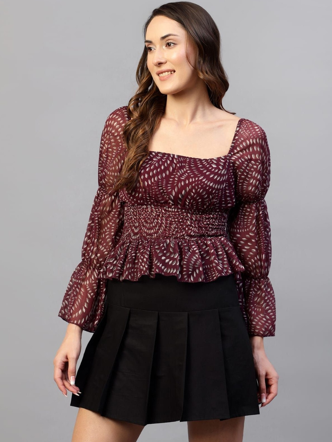 BOTUMQUTE Women Abstract Printed Puff Sleeves Peplum Top