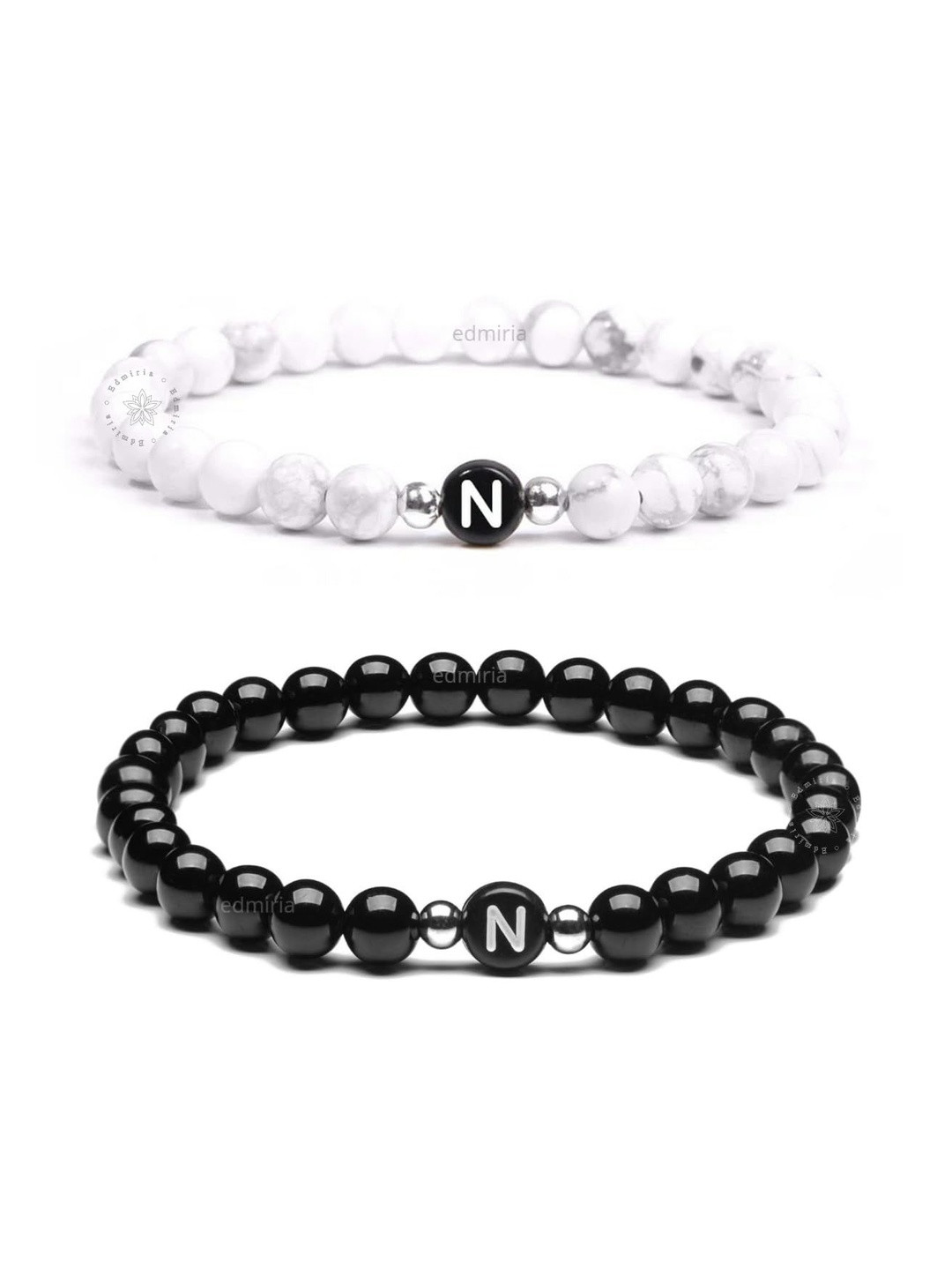EDMIRIA Unisex Set of 2 Initial Letter Name 6mm beads Ceramic Elasticated Bracelets
